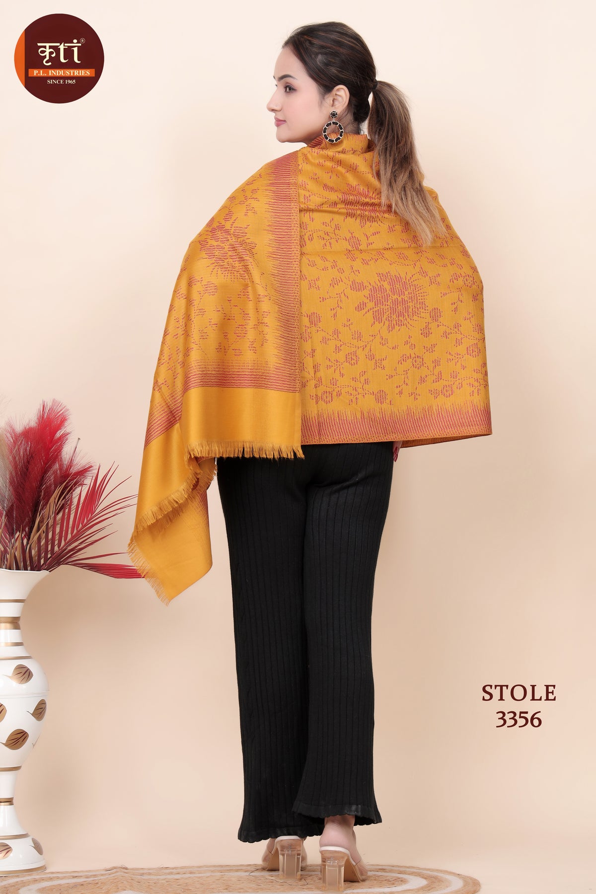 Designer Motif Woollen Stole - Mustard