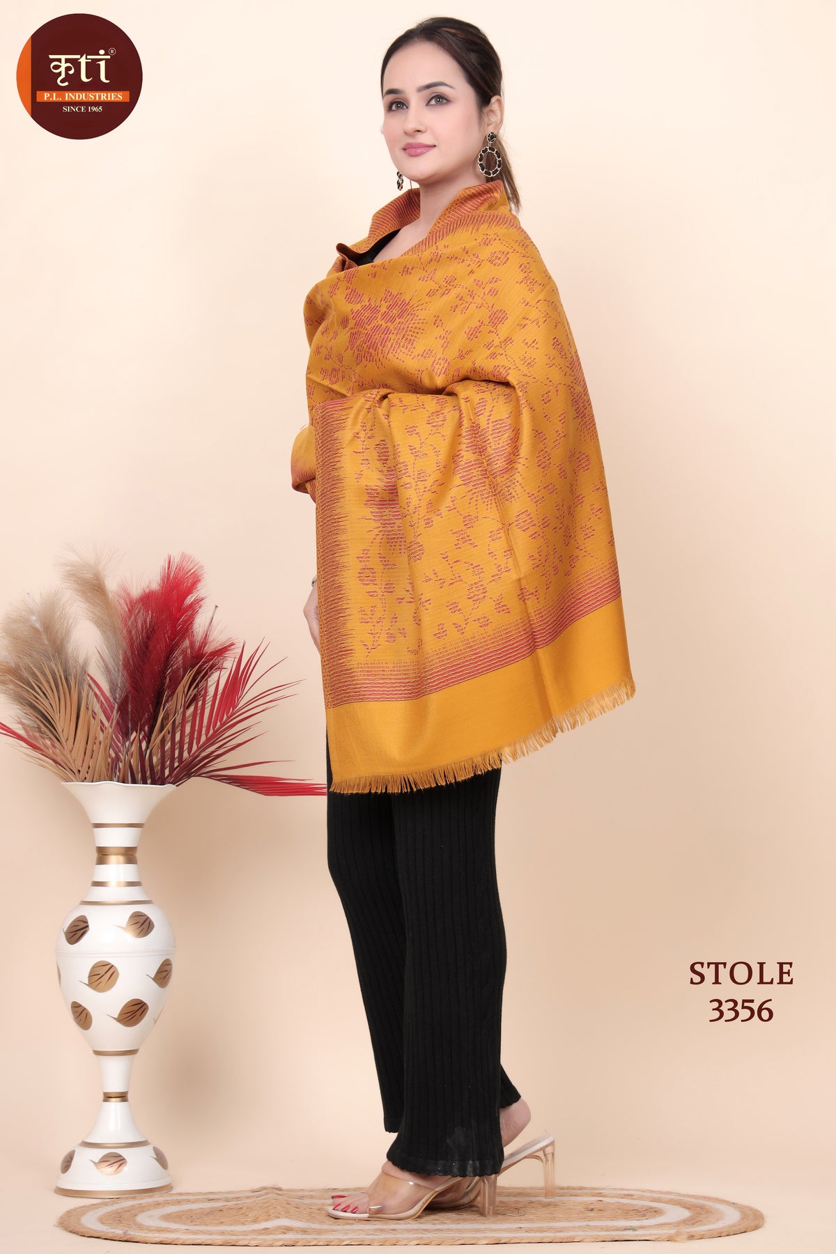 Designer Motif Woollen Stole - Mustard