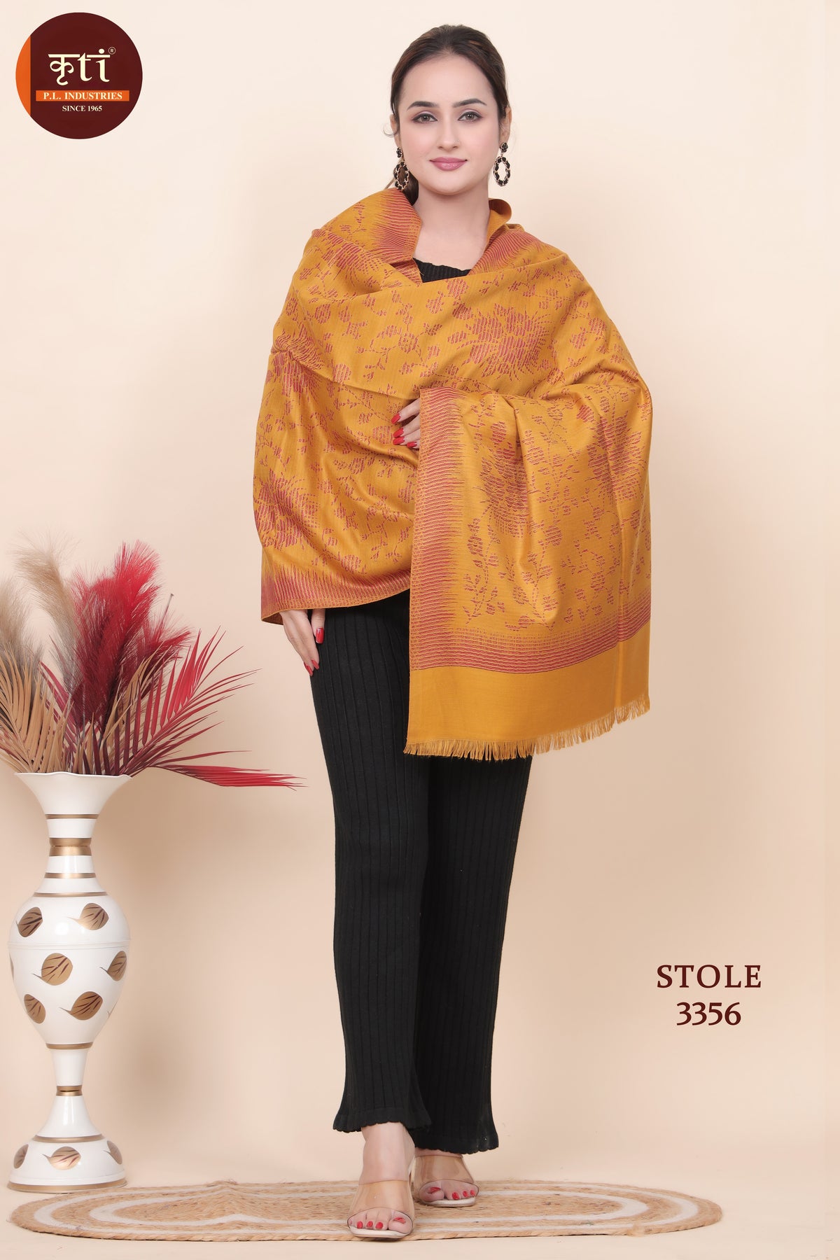 Designer Motif Woollen Stole - Mustard