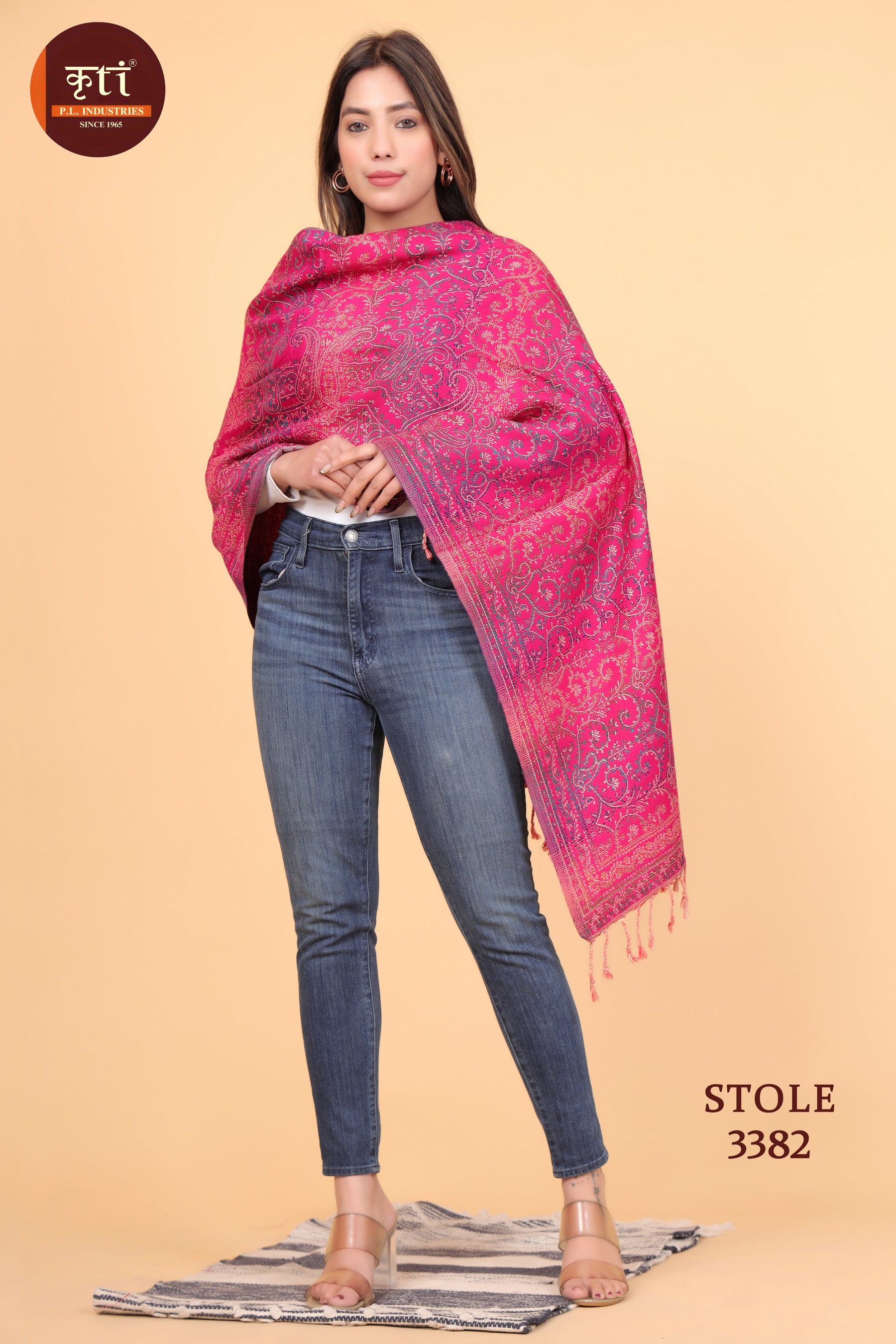 KRITI Traditional Paisley Pattern Woollen Pink Color Stole For Girl