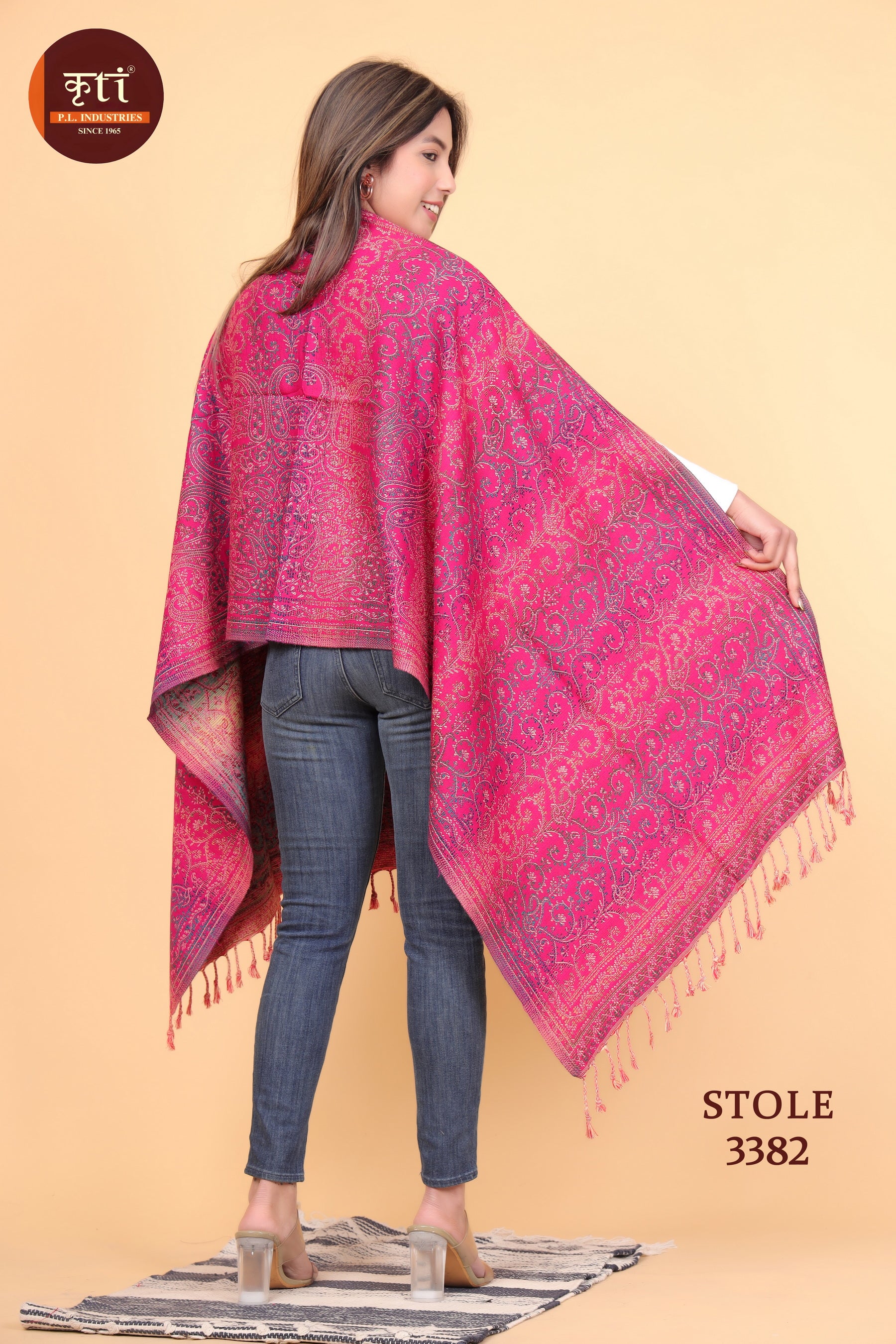 KRITI Traditional Paisley Pattern Woollen Pink Color Stole For Girl