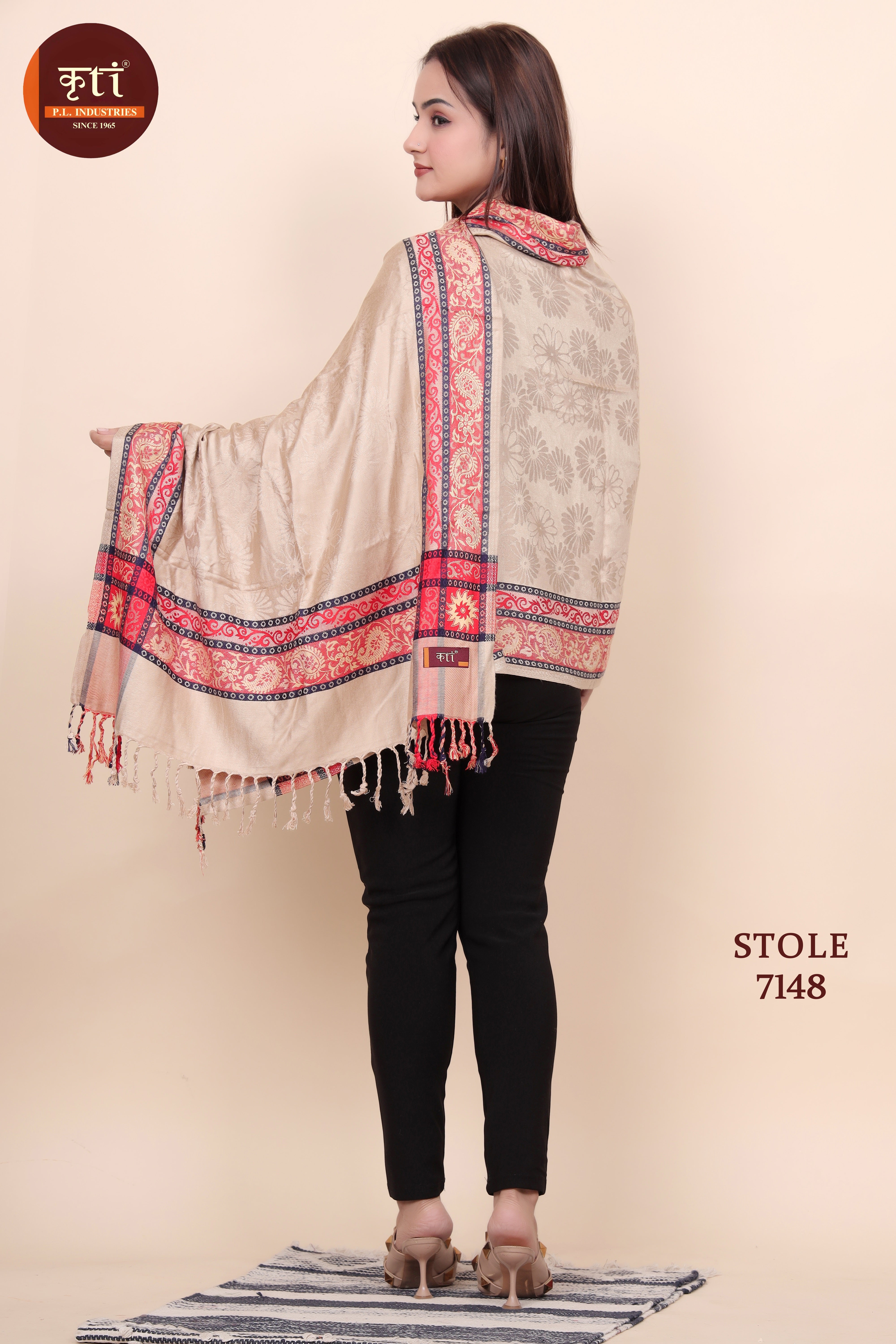 KRITI Checkered Border Design Wool Stole Beige Color For Girl