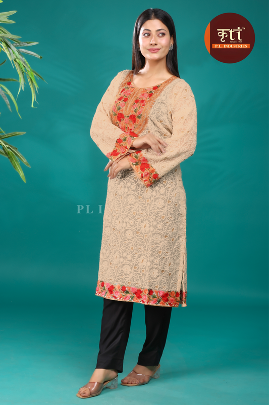KRITI Kashmiri-Inspired Beige Georgette Kurti  Floral  Embroidery