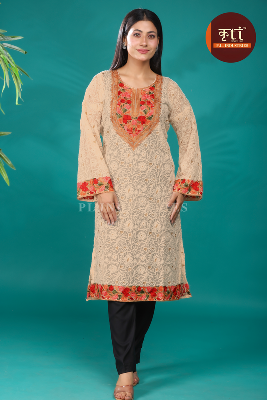 KRITI Kashmiri-Inspired Beige Georgette Kurti  Floral  Embroidery