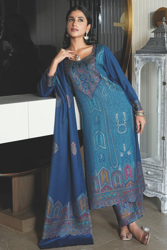 KRITI Blue Woollen Unstitched Suits For Women .