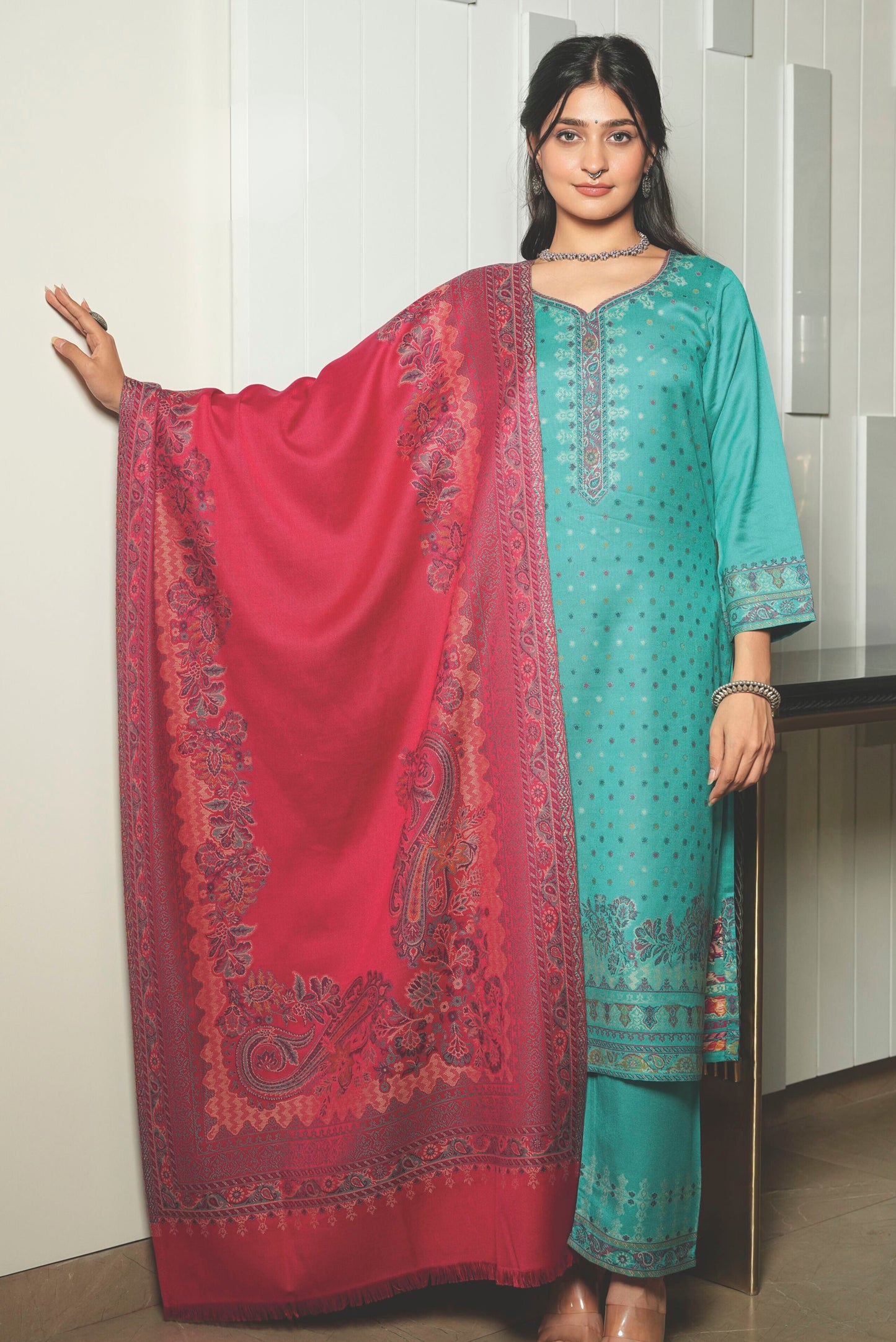 KRITI Blue Woollen Unstitched Suits For Women .