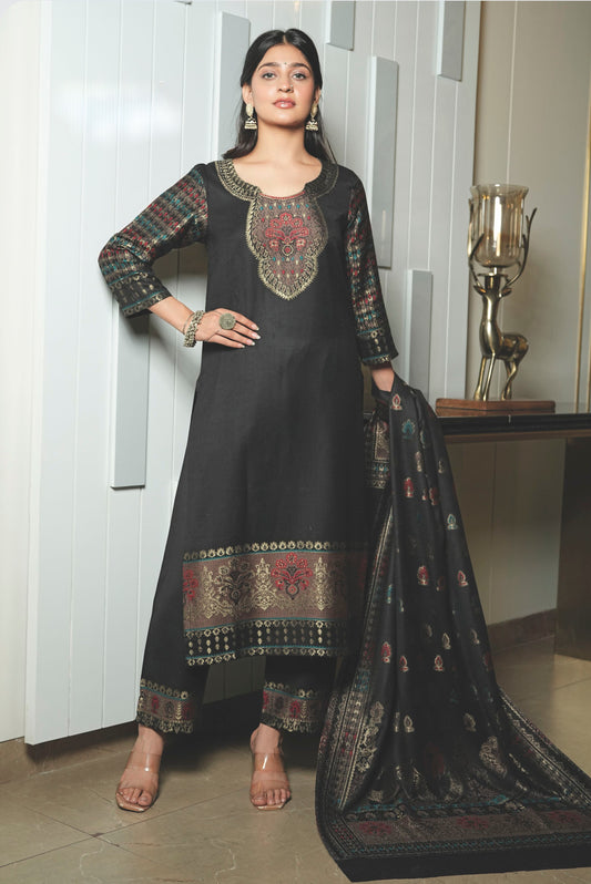 KRITI Black Woollen Unstitched Suits For Women .