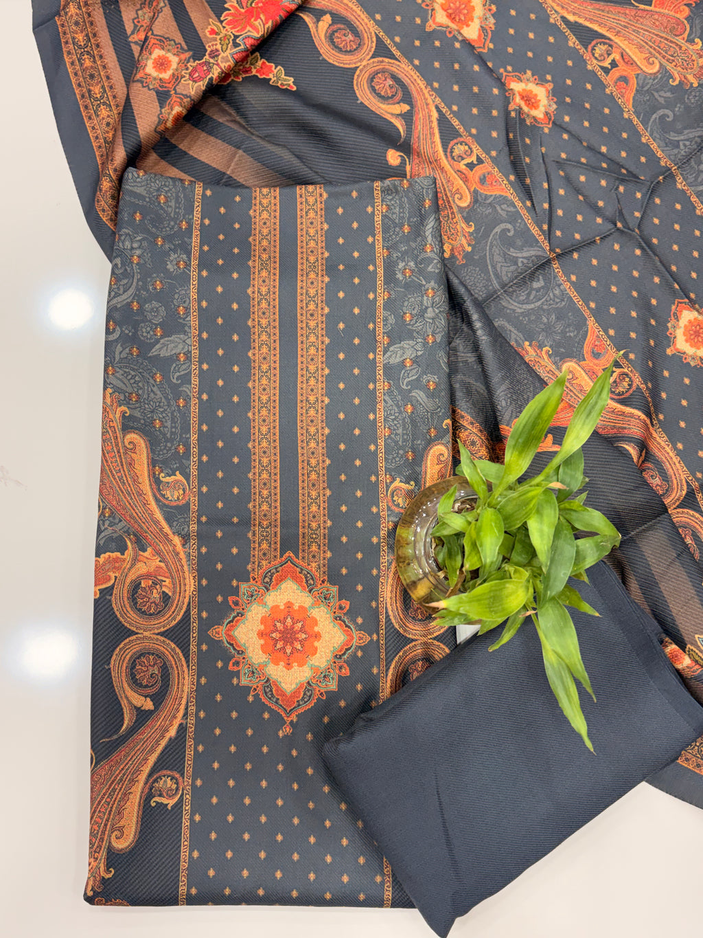 Designer Printed Woolen Unstitched Suit - Grey