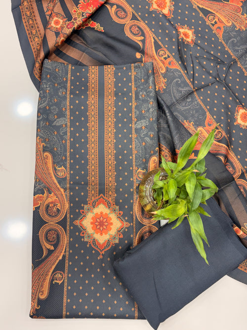Designer Printed Woolen Unstitched Suit - Grey
