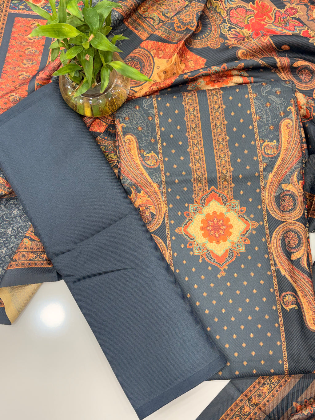 Designer Printed Woolen Unstitched Suit - Grey