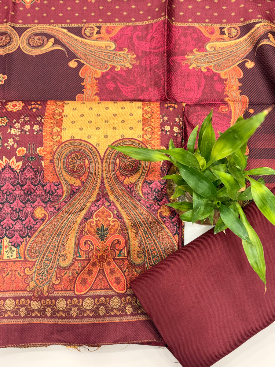 Designer Printed Woolen Unstitched Suit - Maroon