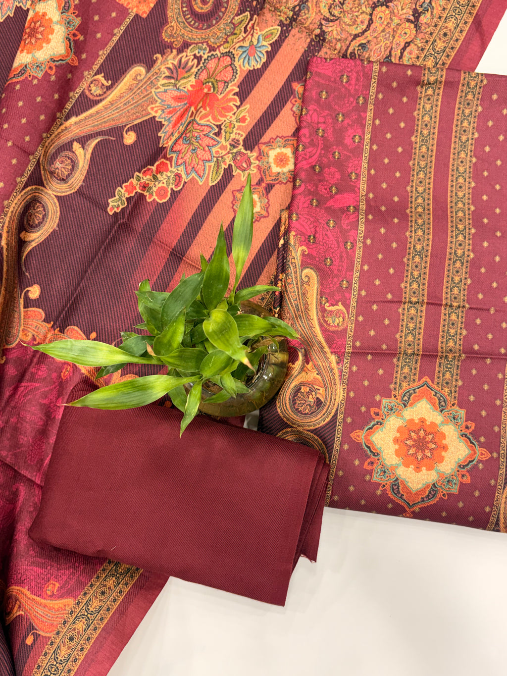 Designer Printed Woolen Unstitched Suit - Maroon