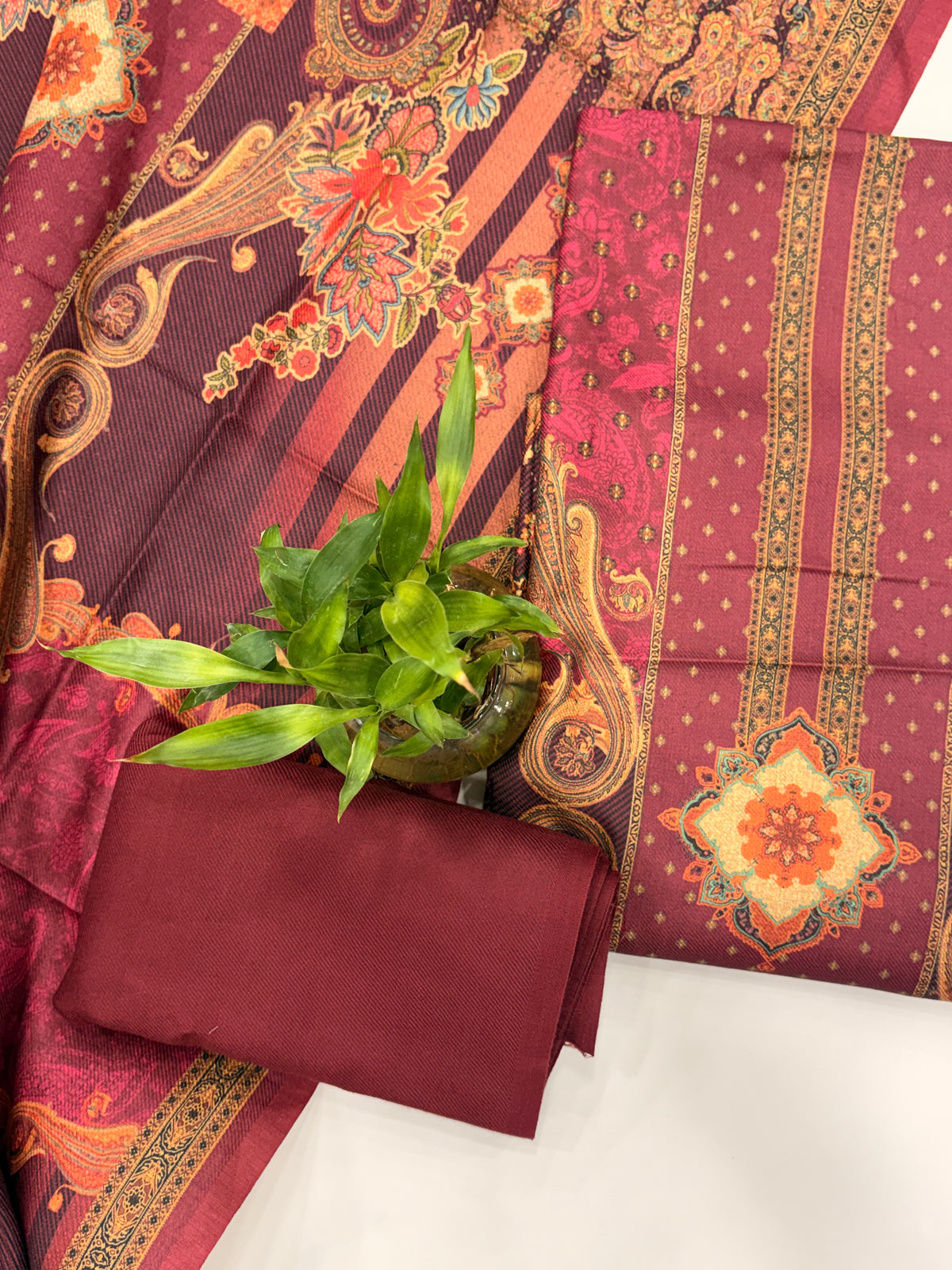 Designer Printed Woolen Unstitched Suit - Maroon