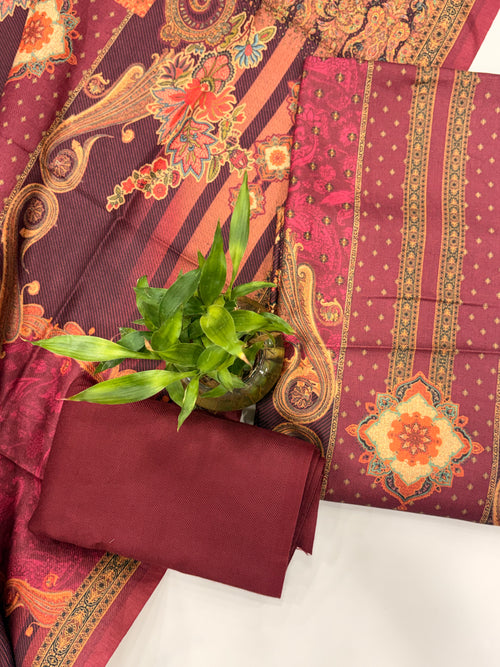 Designer Printed Woolen Unstitched Suit - Maroon