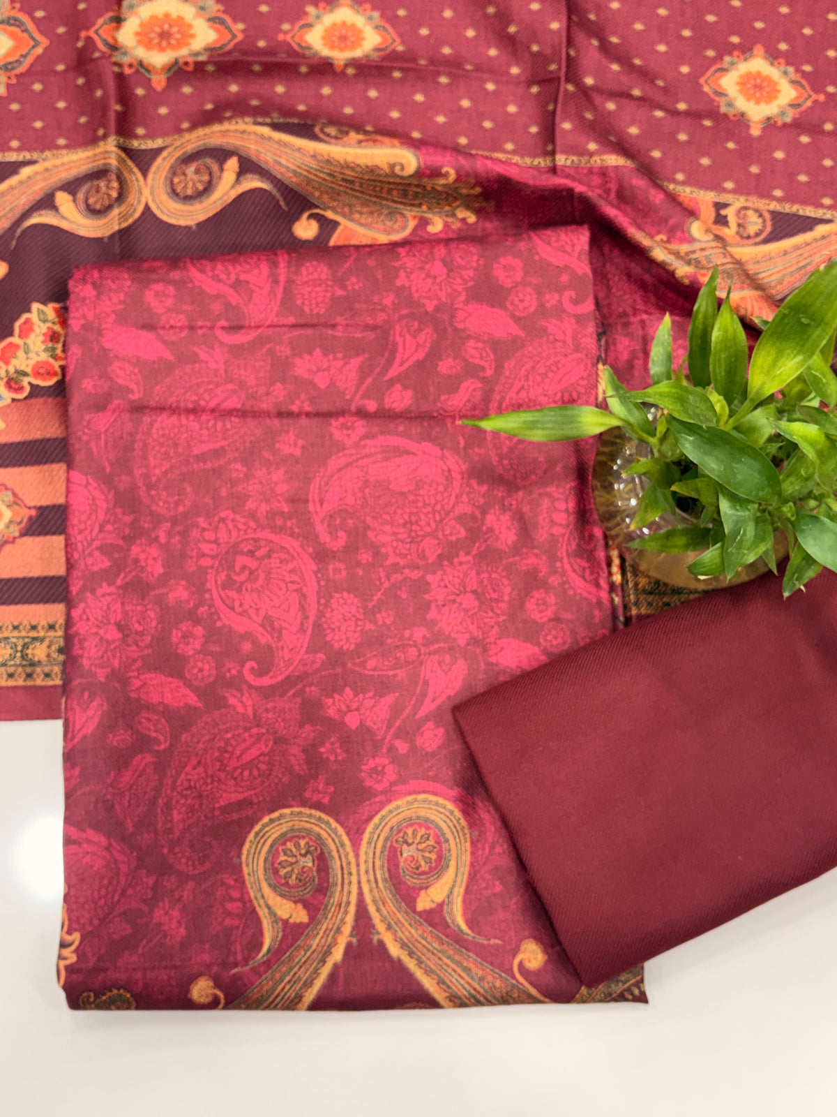 Designer Printed Woolen Unstitched Suit - Maroon
