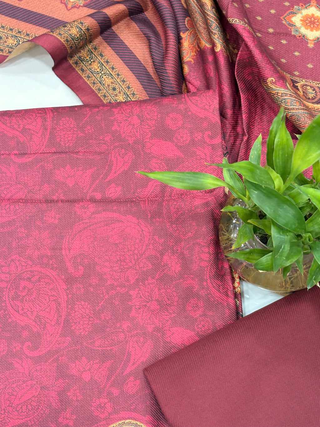 Designer Printed Woolen Unstitched Suit - Maroon
