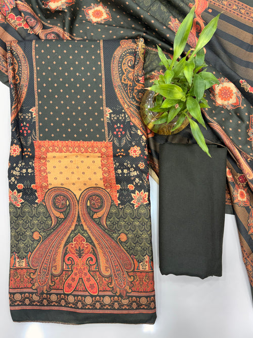 Designer Printed Woolen Unstitched Suit - Mehndi