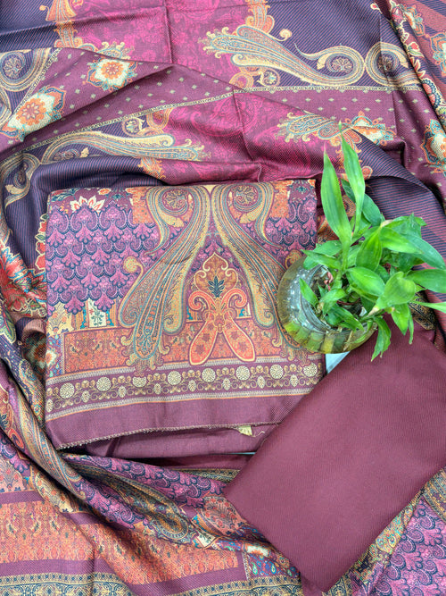 Designer Printed Woolen Unstitched Suit - Purple