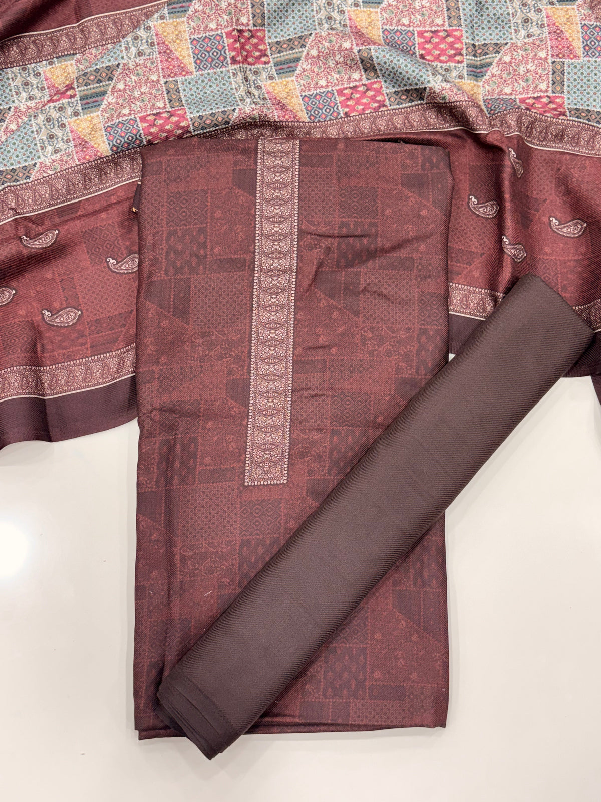 Geometric Design Woolen Unstitched Suit - Coffee