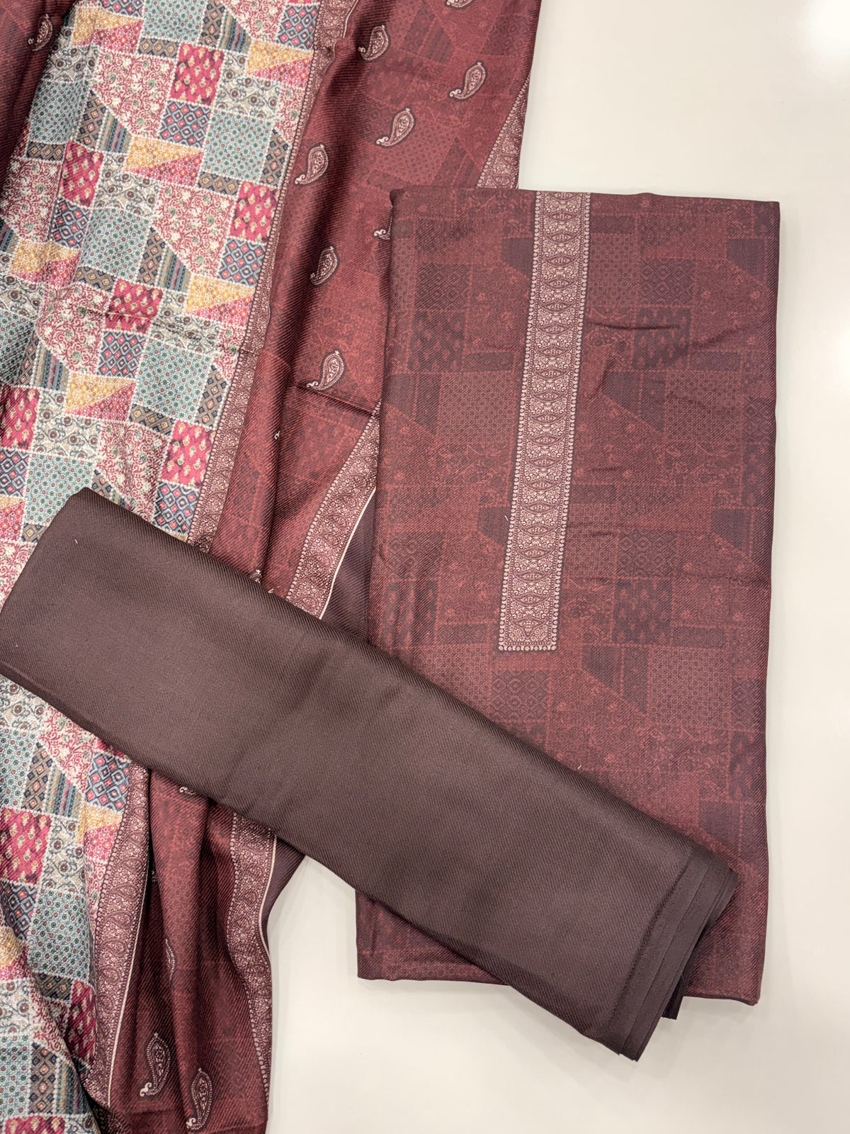 Geometric Design Woolen Unstitched Suit - Coffee