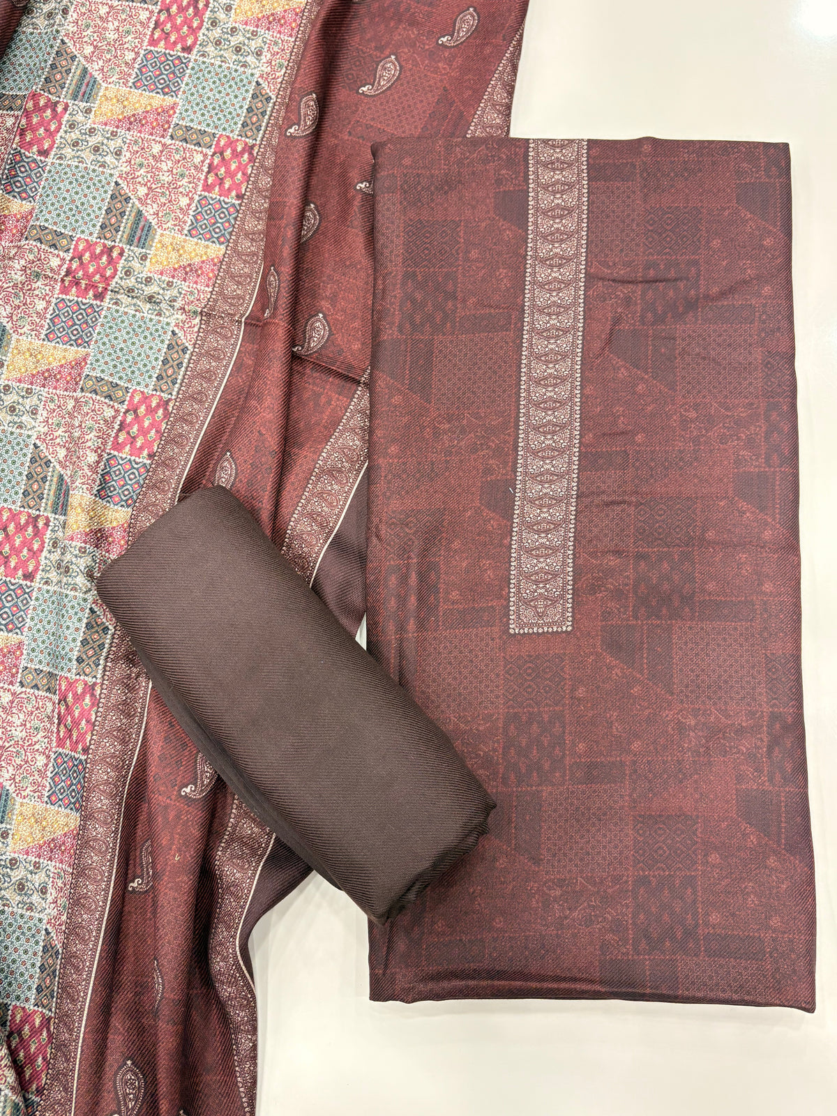 Geometric Design Woolen Unstitched Suit - Coffee