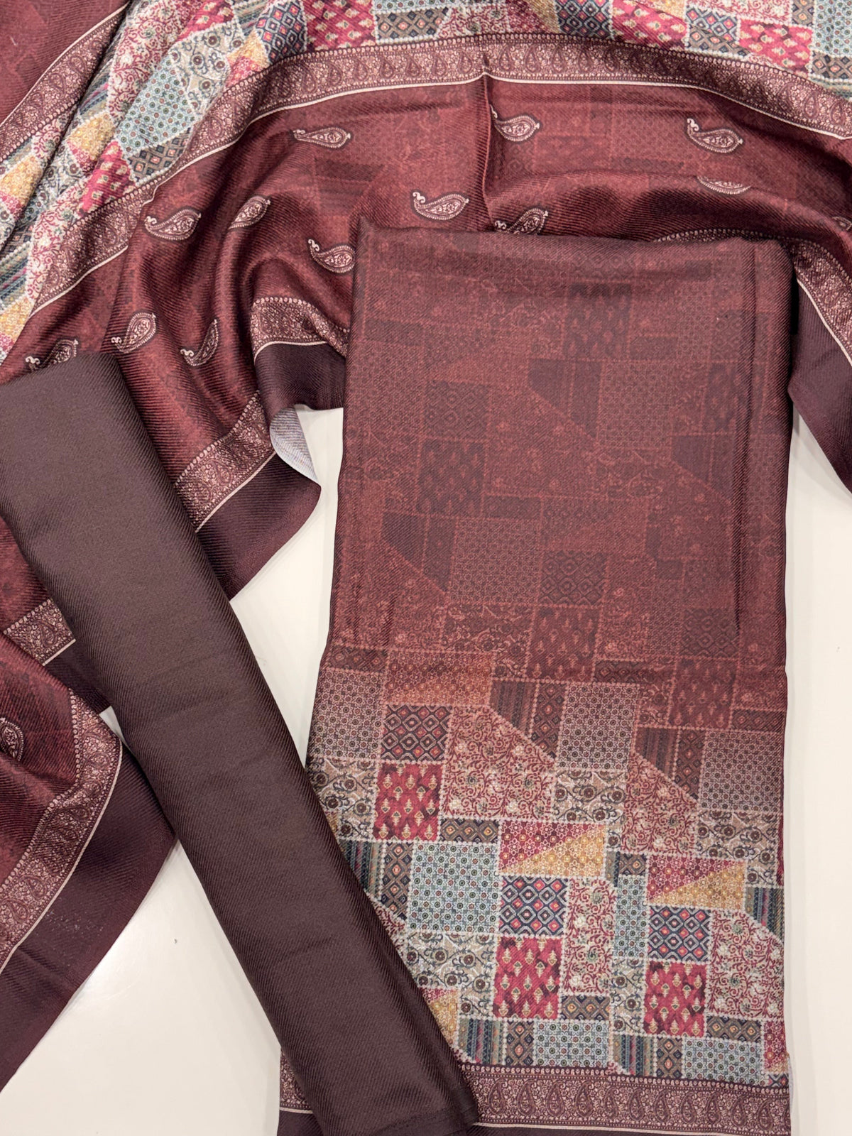 Geometric Design Woolen Unstitched Suit - Coffee