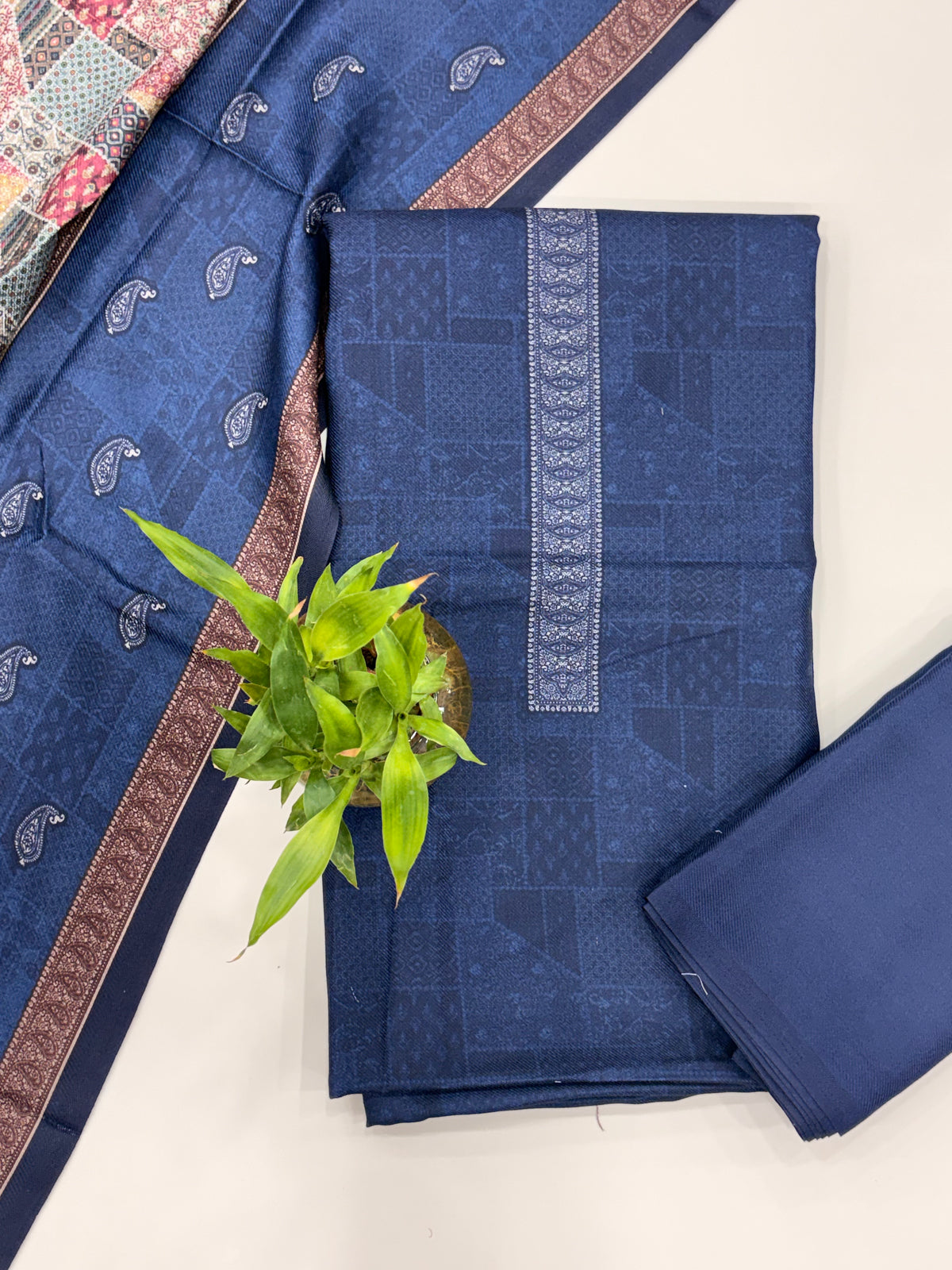 Geometric Design Woolen Unstitched Suit - Navy