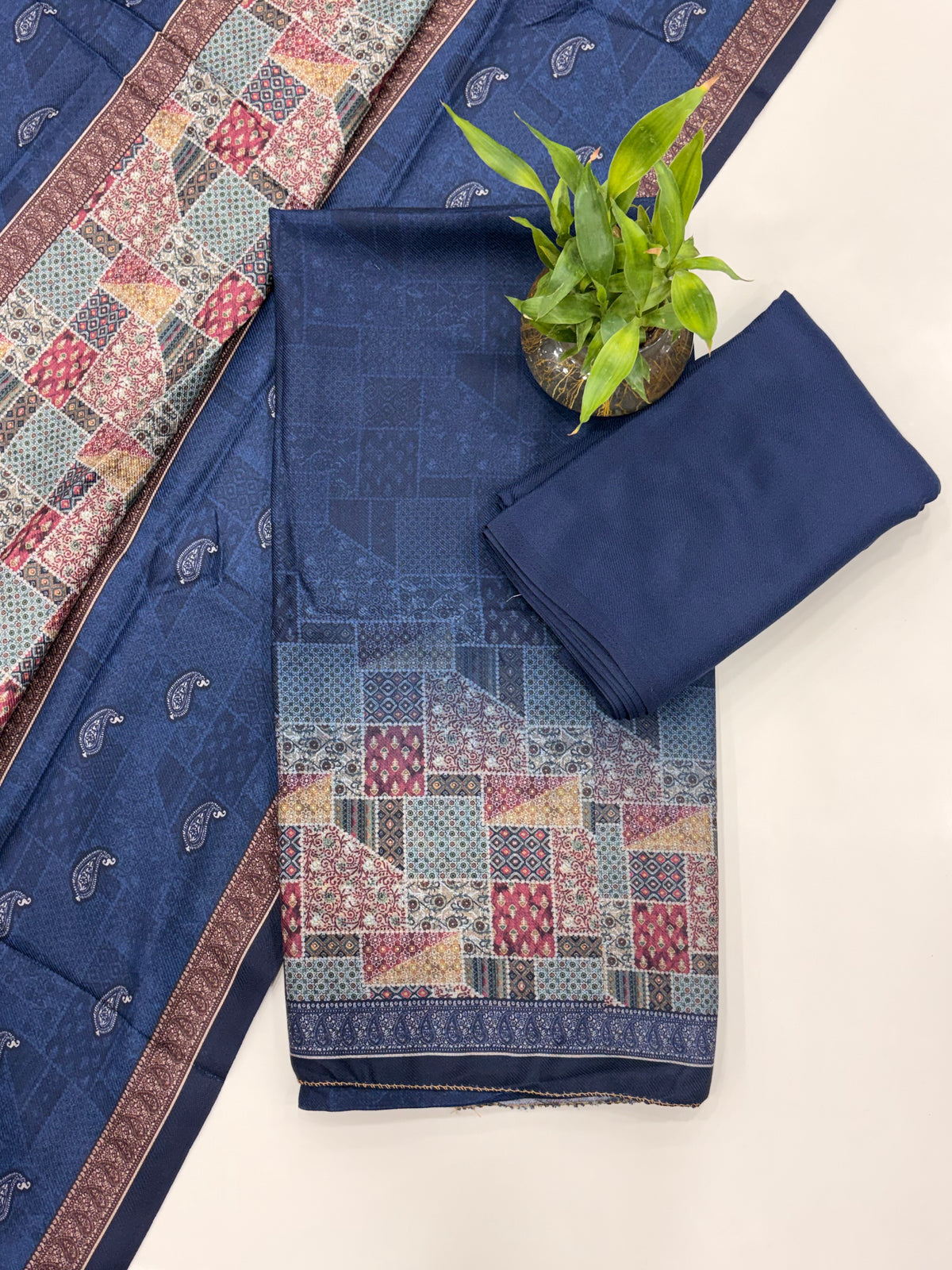 Geometric Design Woolen Unstitched Suit - Navy