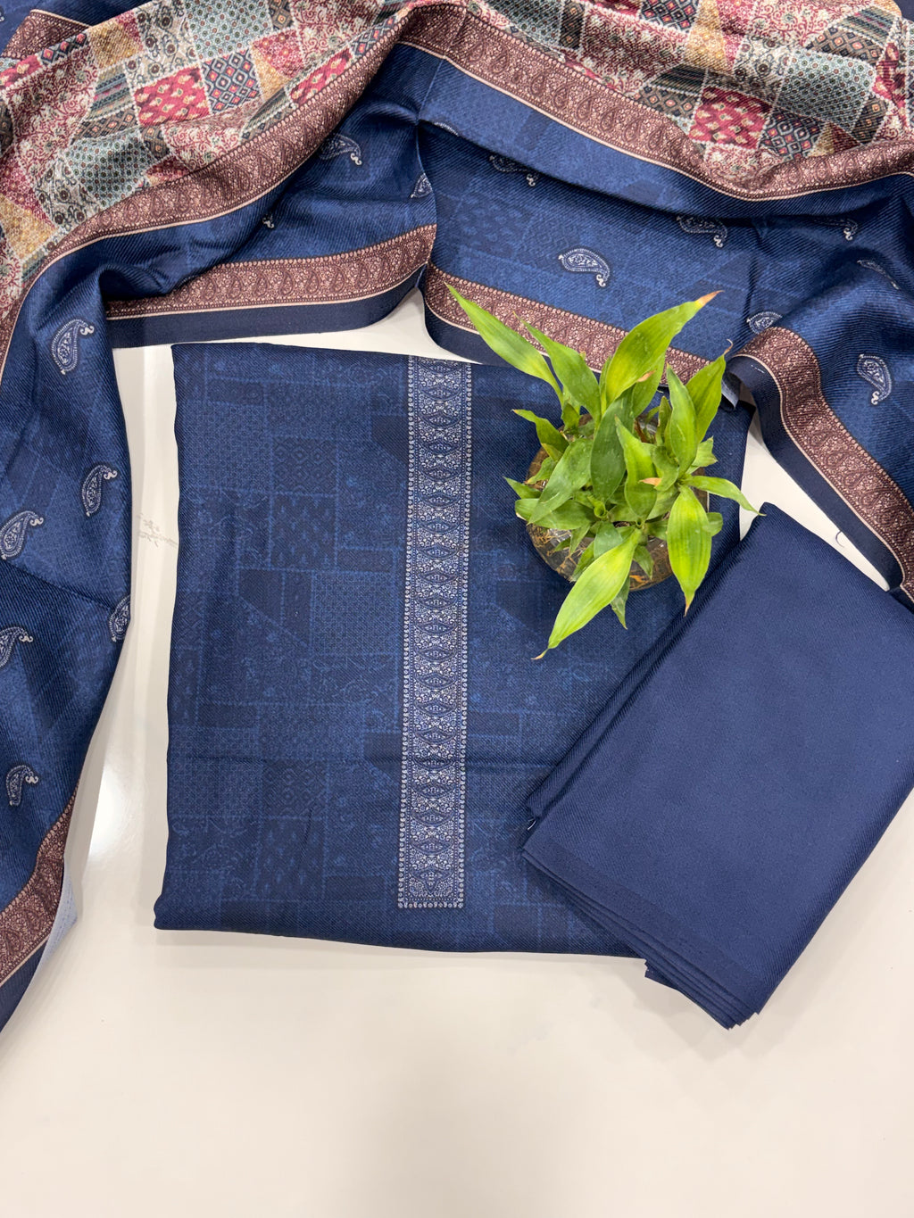 Geometric Design Woolen Unstitched Suit - Navy
