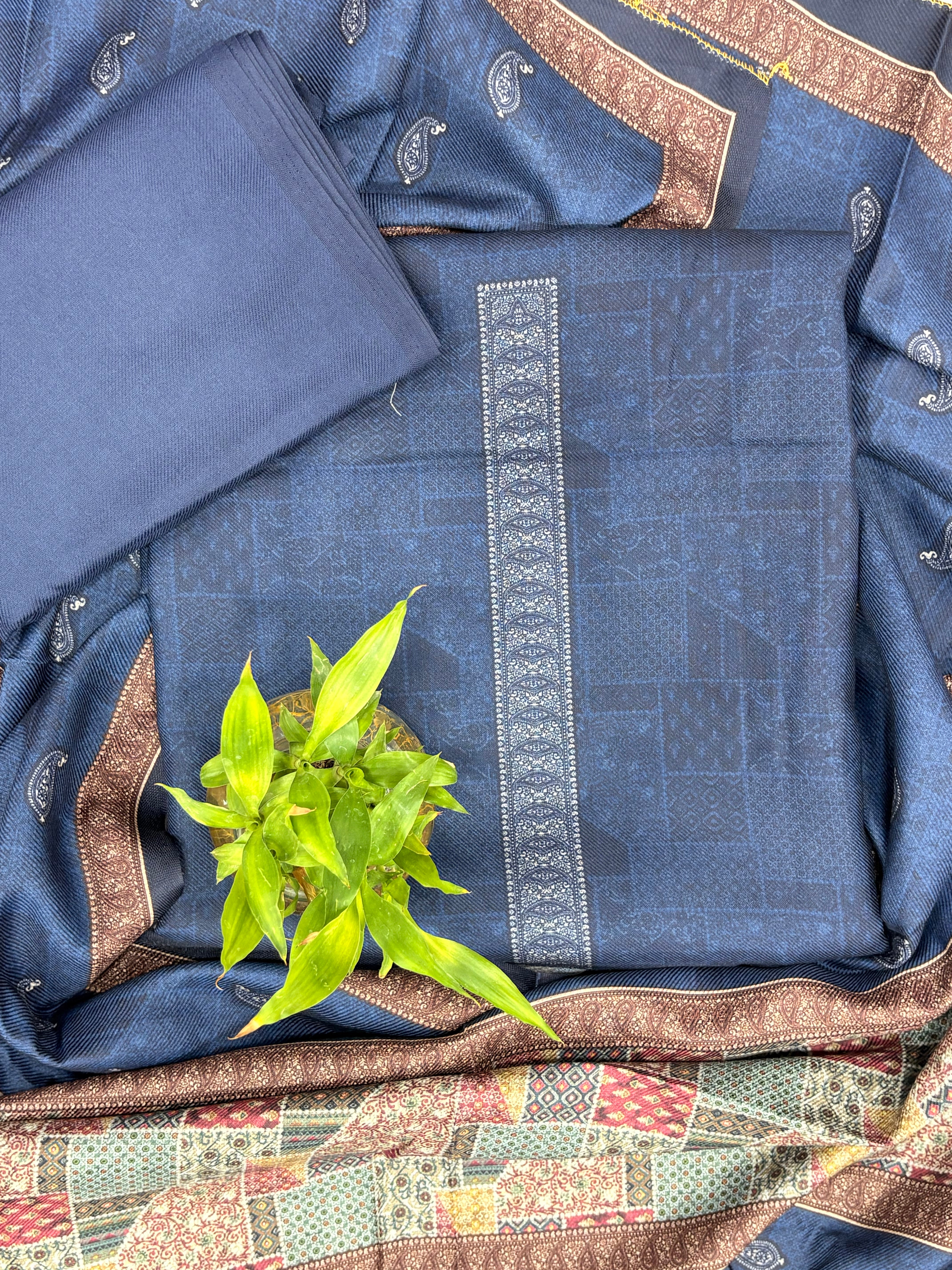 Geometric Design Woolen Unstitched Suit - Navy