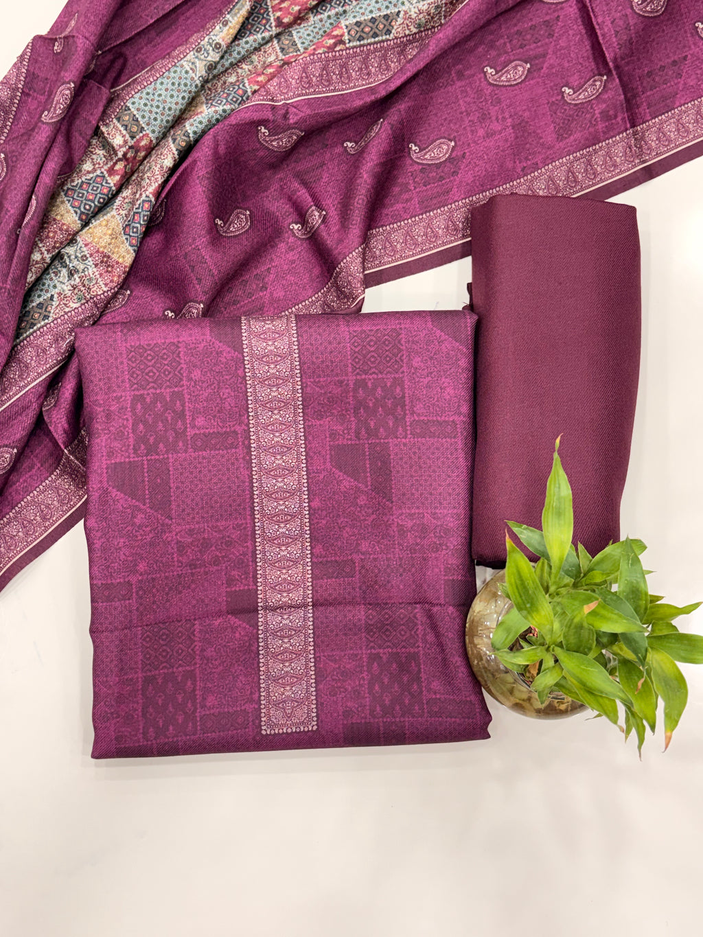 Geometric Design Woolen Unstitched Suit - Purple