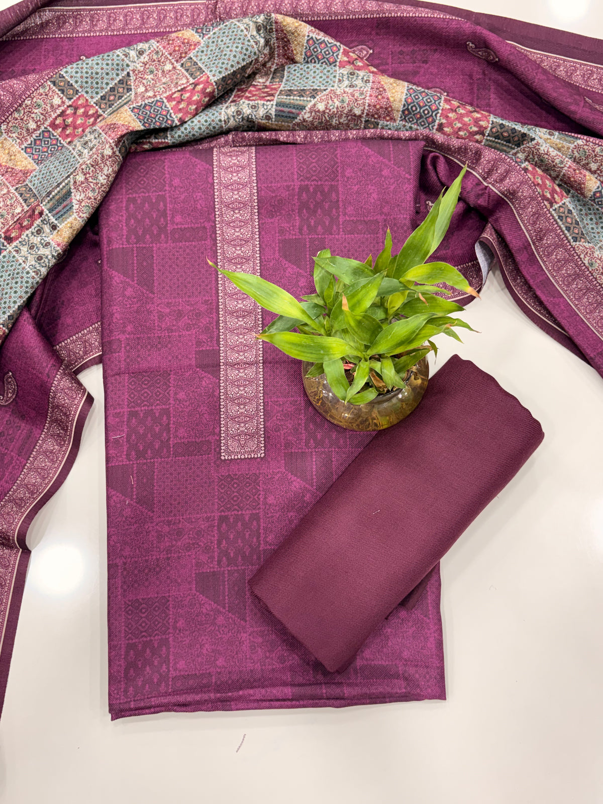 Geometric Design Woolen Unstitched Suit - Purple