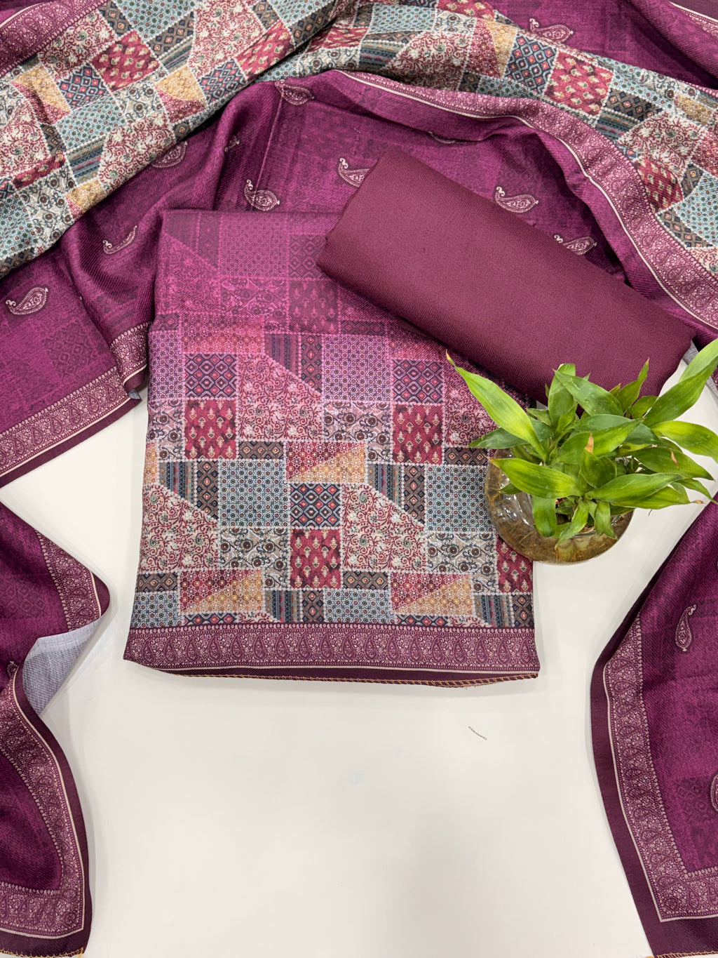 Geometric Design Woolen Unstitched Suit - Purple