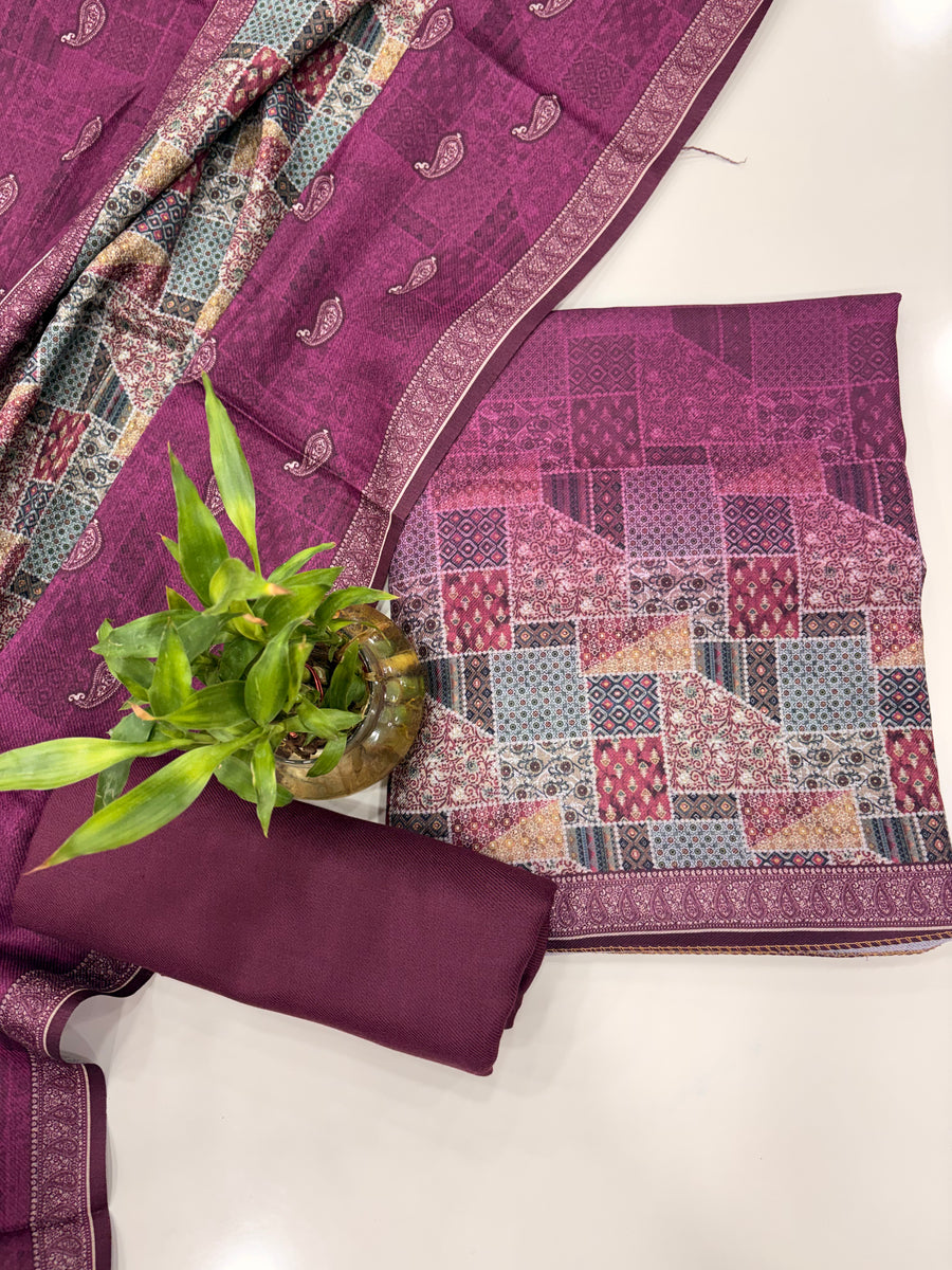 Geometric Design Woolen Unstitched Suit - Purple