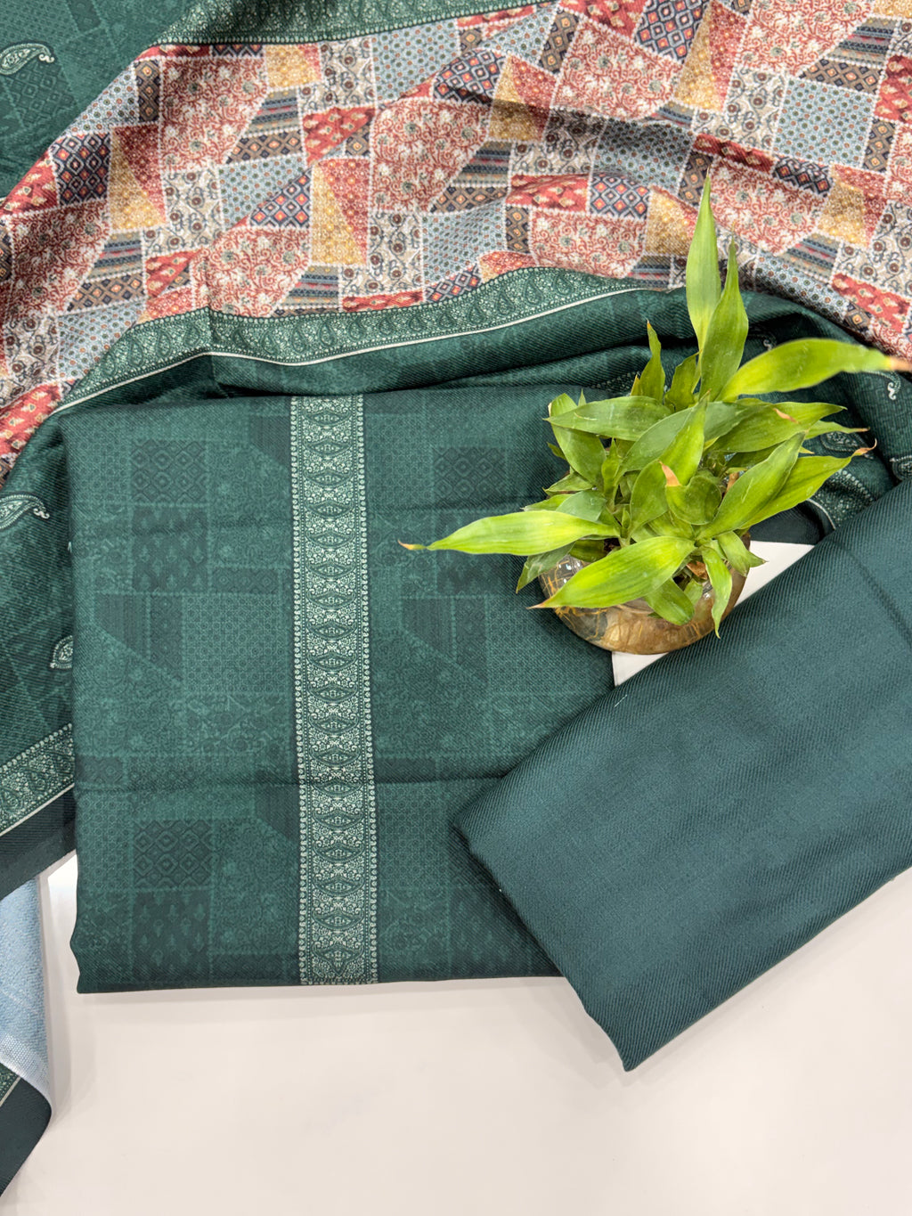 Geometric Design Woolen Unstitched Suit - Teal