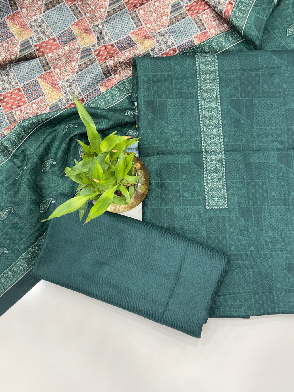 Geometric Design Woolen Unstitched Suit - Teal