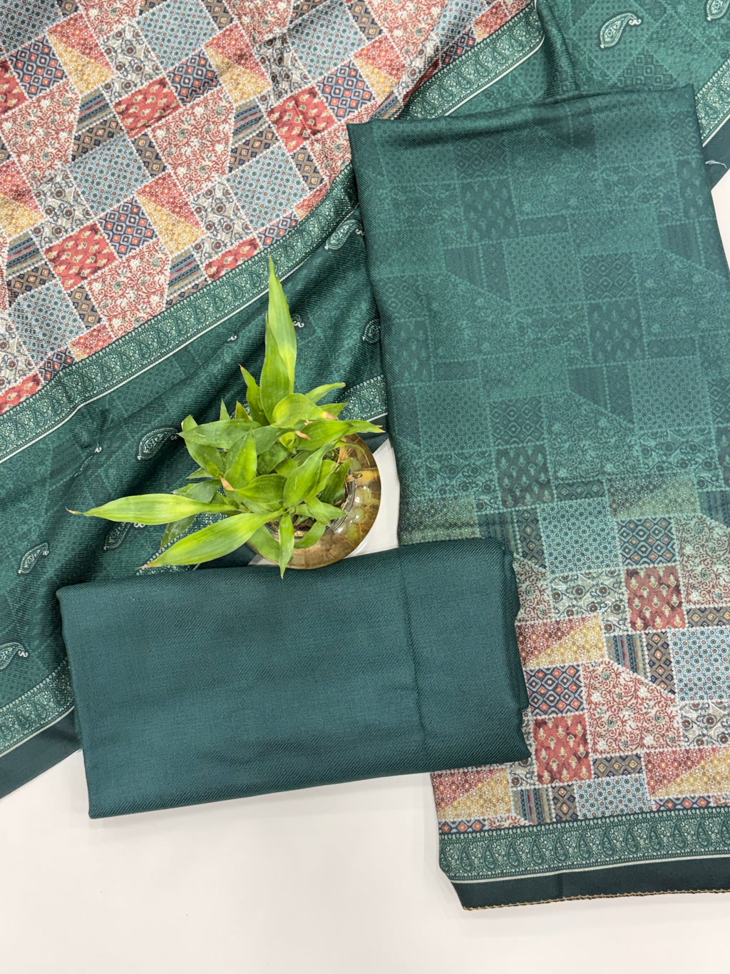 Geometric Design Woolen Unstitched Suit - Teal