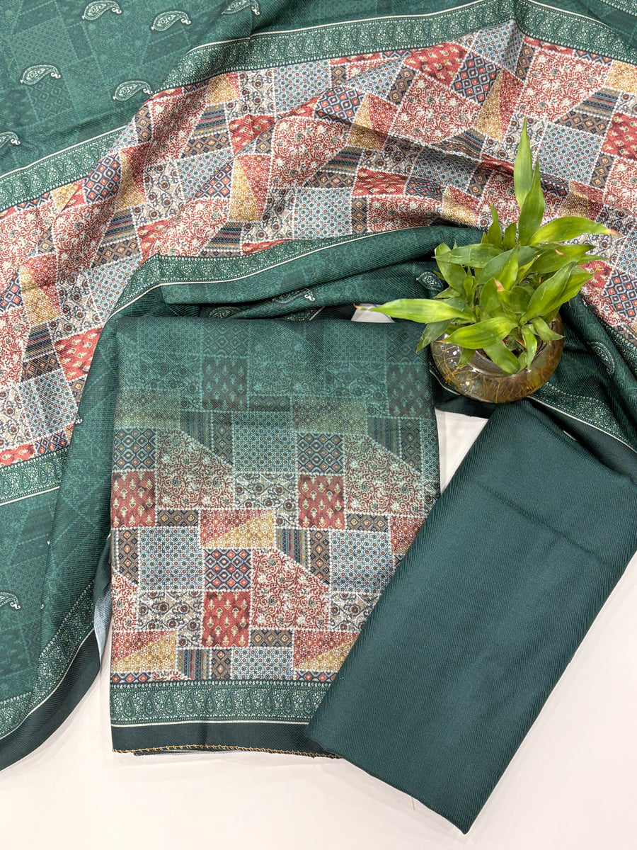 Geometric Design Woolen Unstitched Suit - Teal