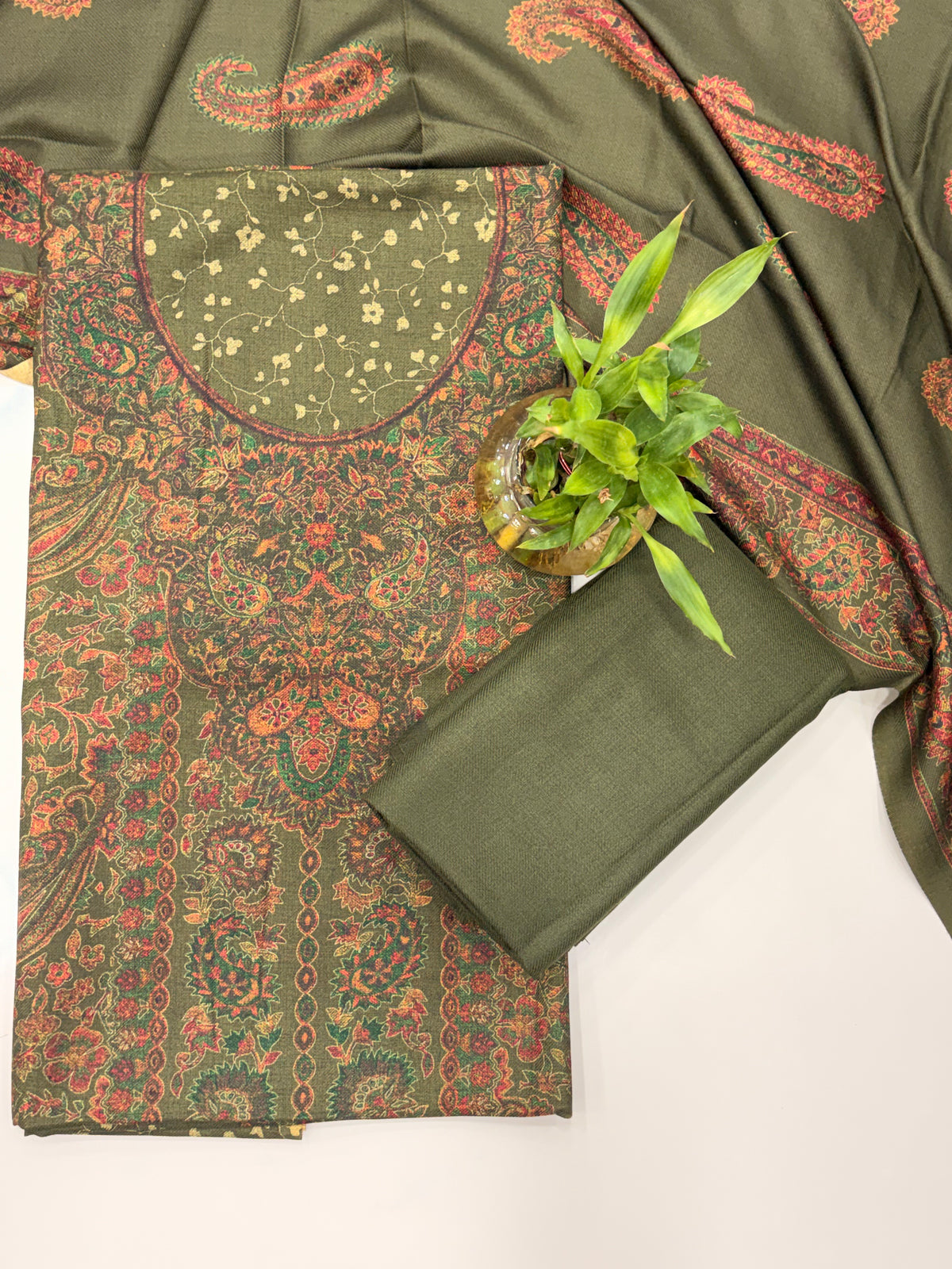 Designer Winter Woolen Unstitched Suit - Green