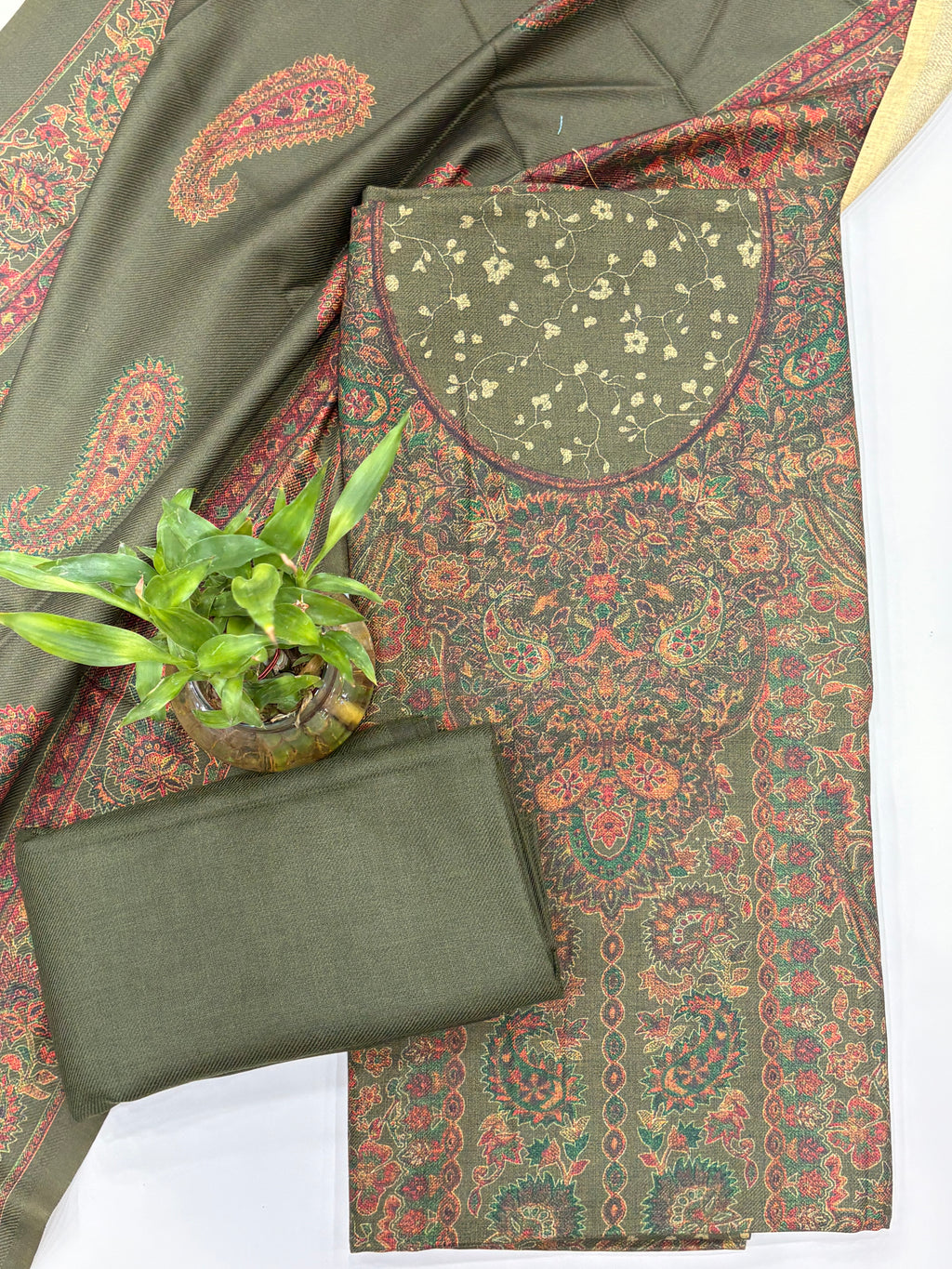 Designer Winter Woolen Unstitched Suit - Green
