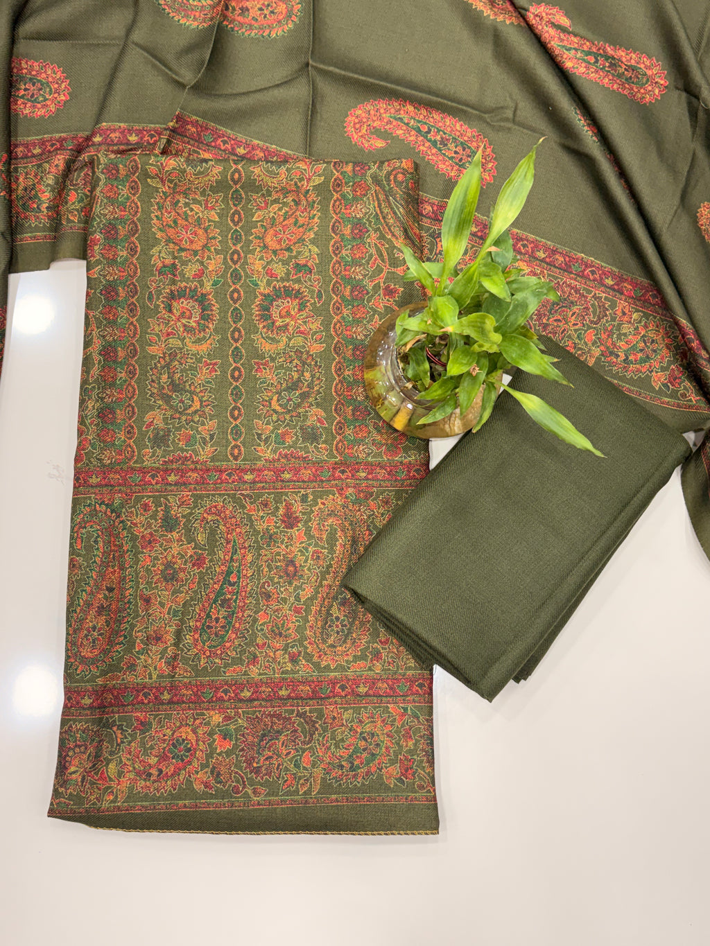 Designer Winter Woolen Unstitched Suit - Green