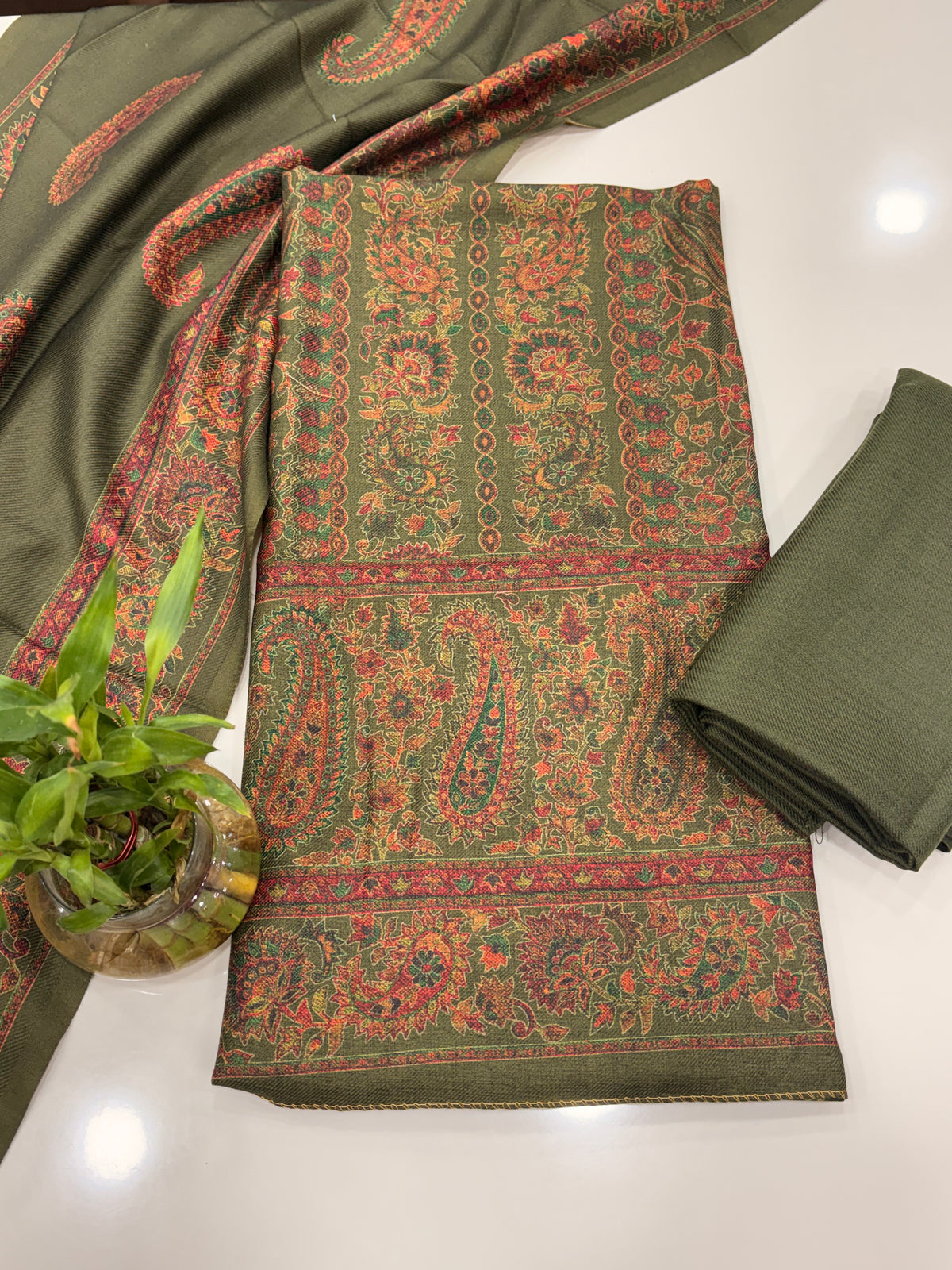 Designer Winter Woolen Unstitched Suit - Green