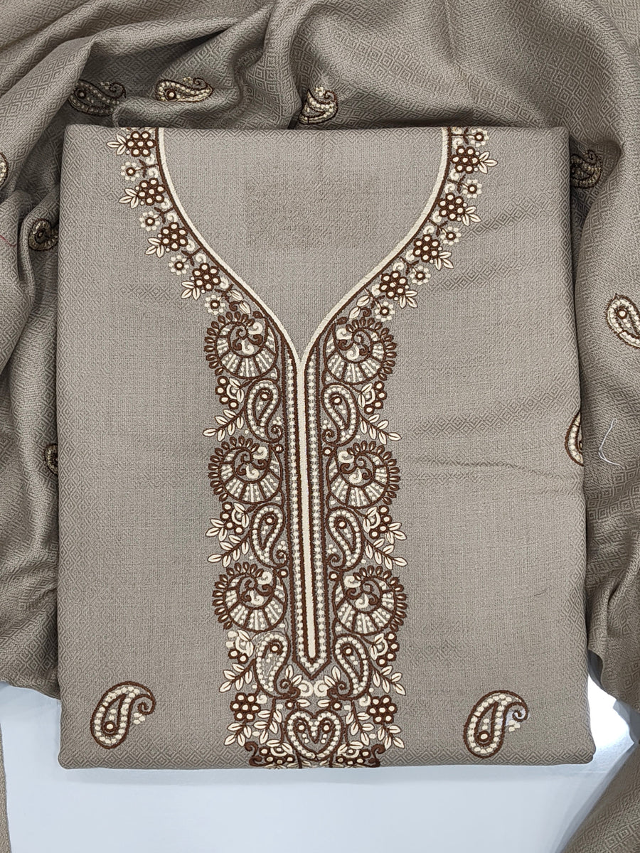 Embroidered Winter Woolen Unstitched Suit - Camel