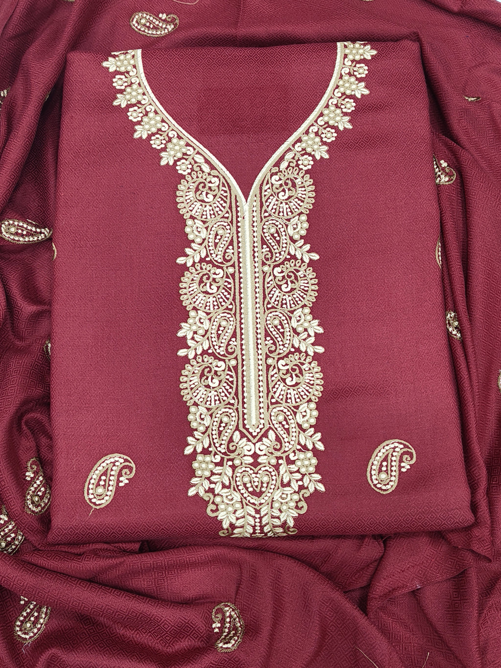 Embroidered Winter Woolen Suit Unstitched - Maroon