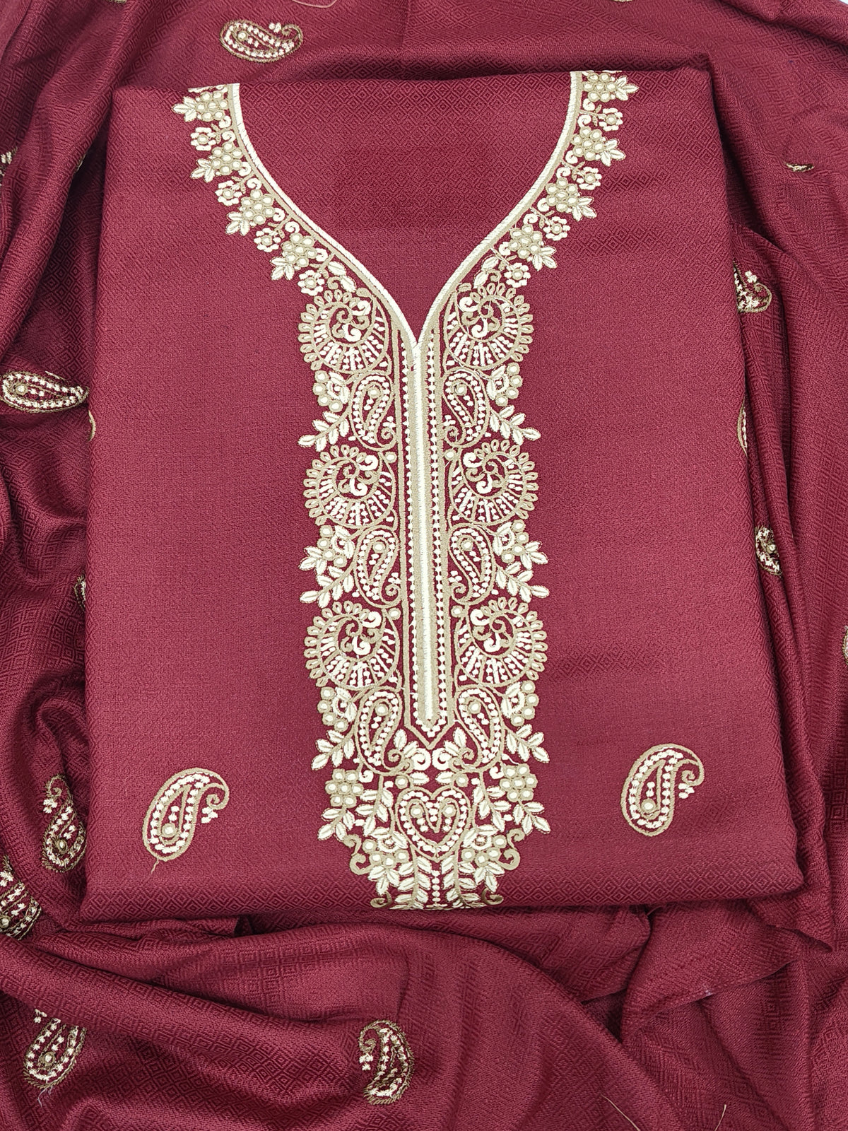 Embroidered Winter Woolen Suit Unstitched - Maroon