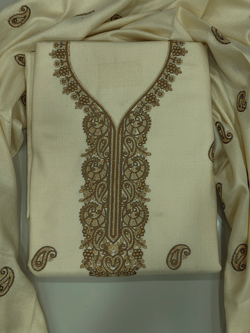 Embroidered Winter Woolen Unstitched Suit - Off White