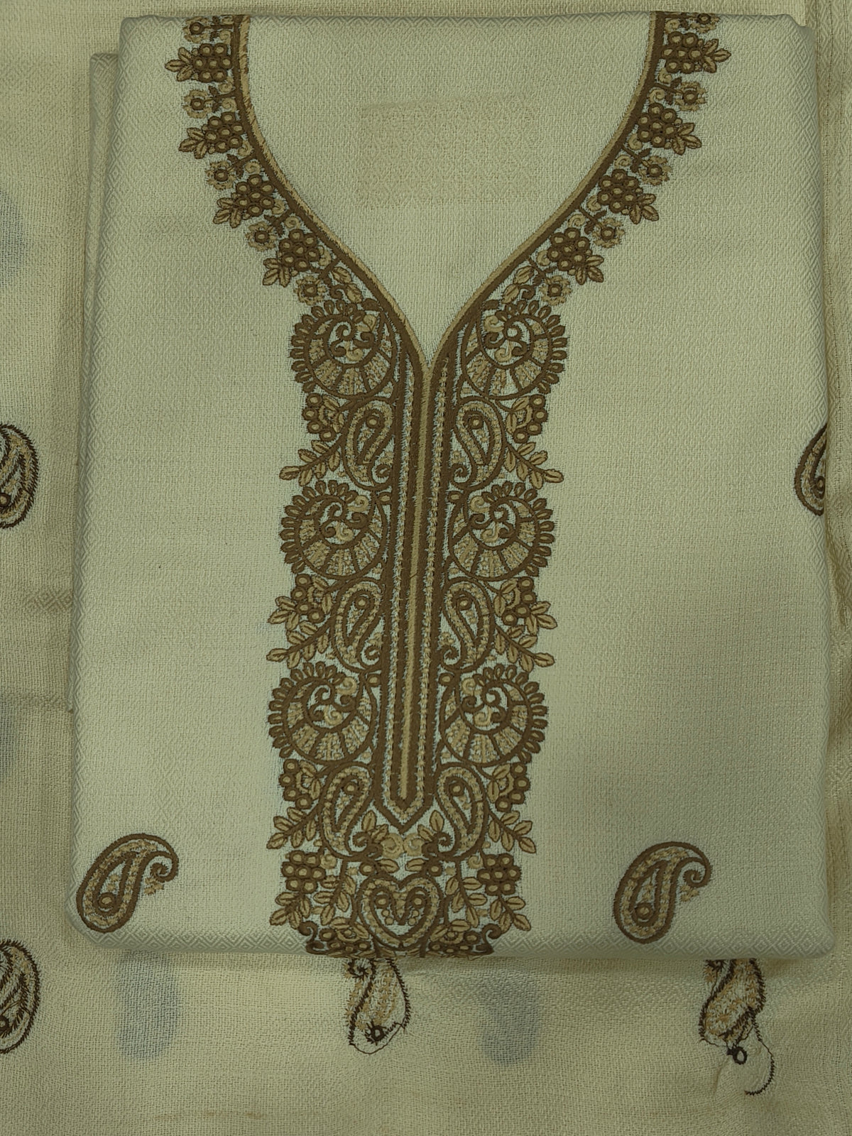 Embroidered Winter Woolen Unstitched Suit - Off White