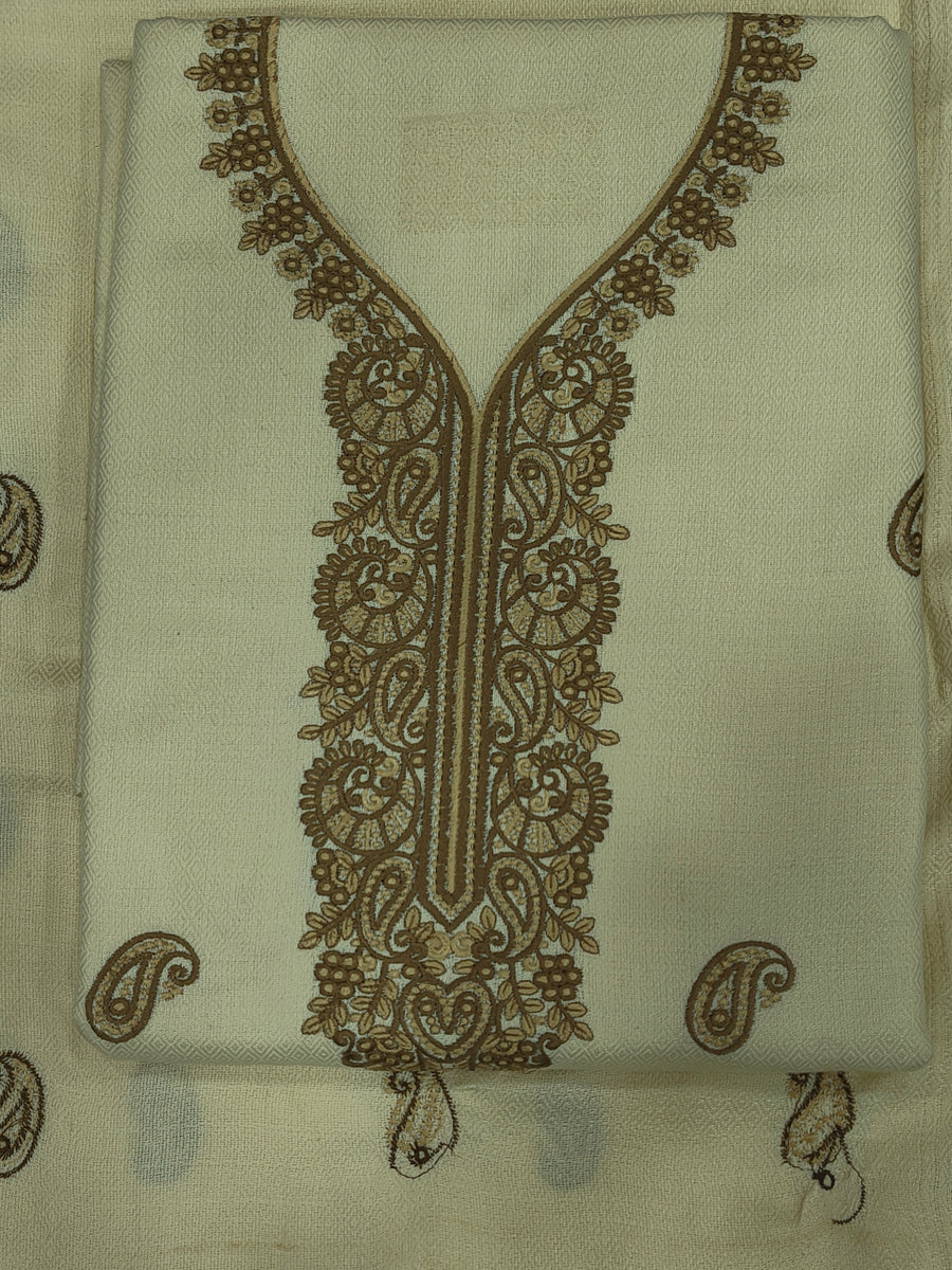 Embroidered Winter Woolen Unstitched Suit - Off White