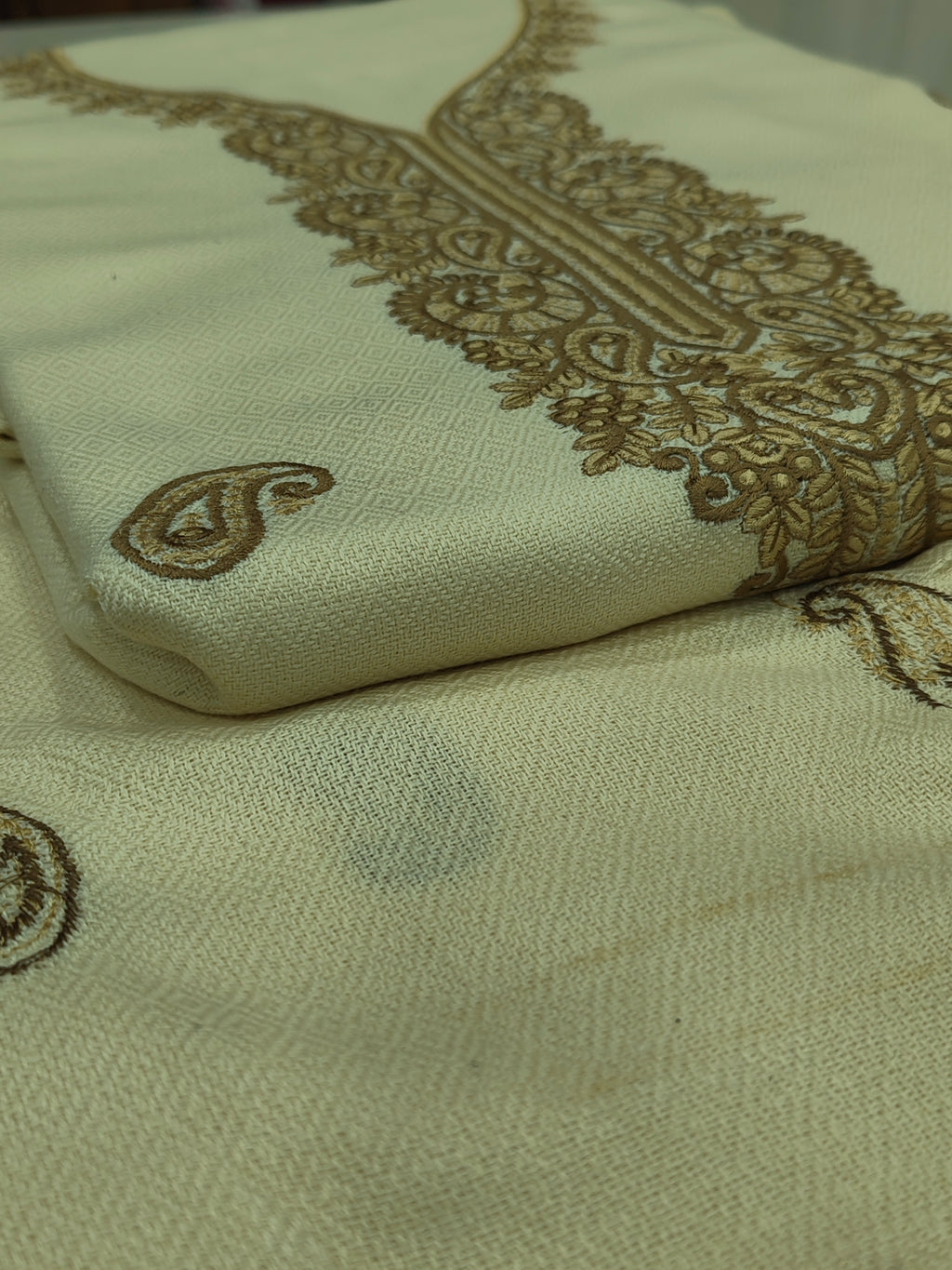 Embroidered Winter Woolen Unstitched Suit - Off White