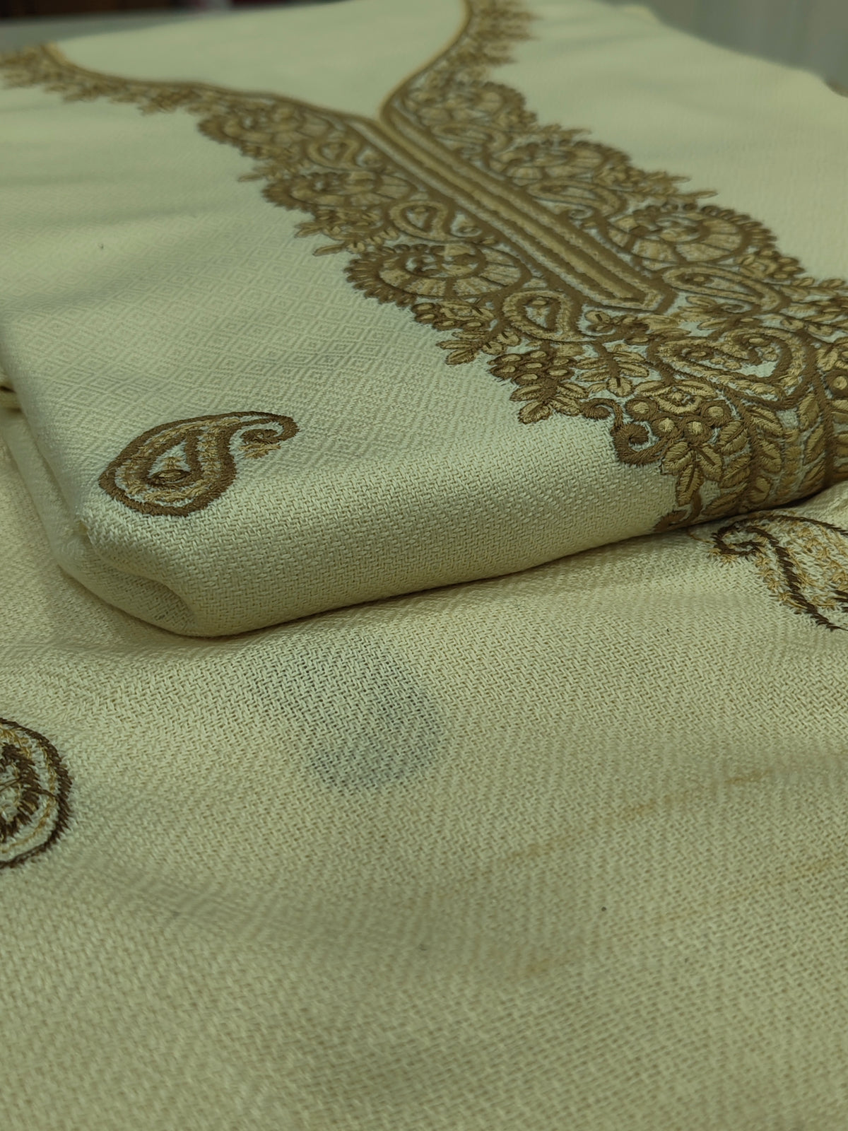 Embroidered Winter Woolen Unstitched Suit - Off White